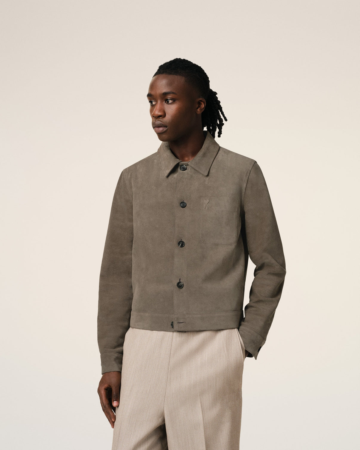 Beige Leather Buttoned Jacket