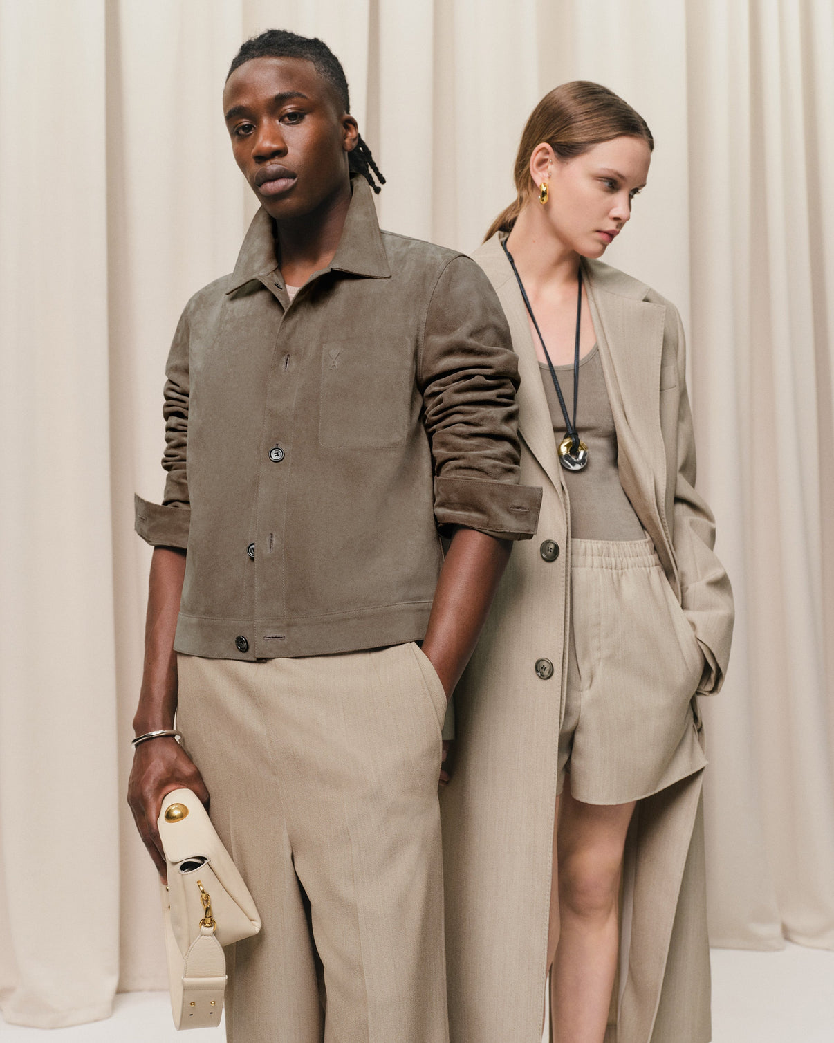 Beige Leather Buttoned Jacket
