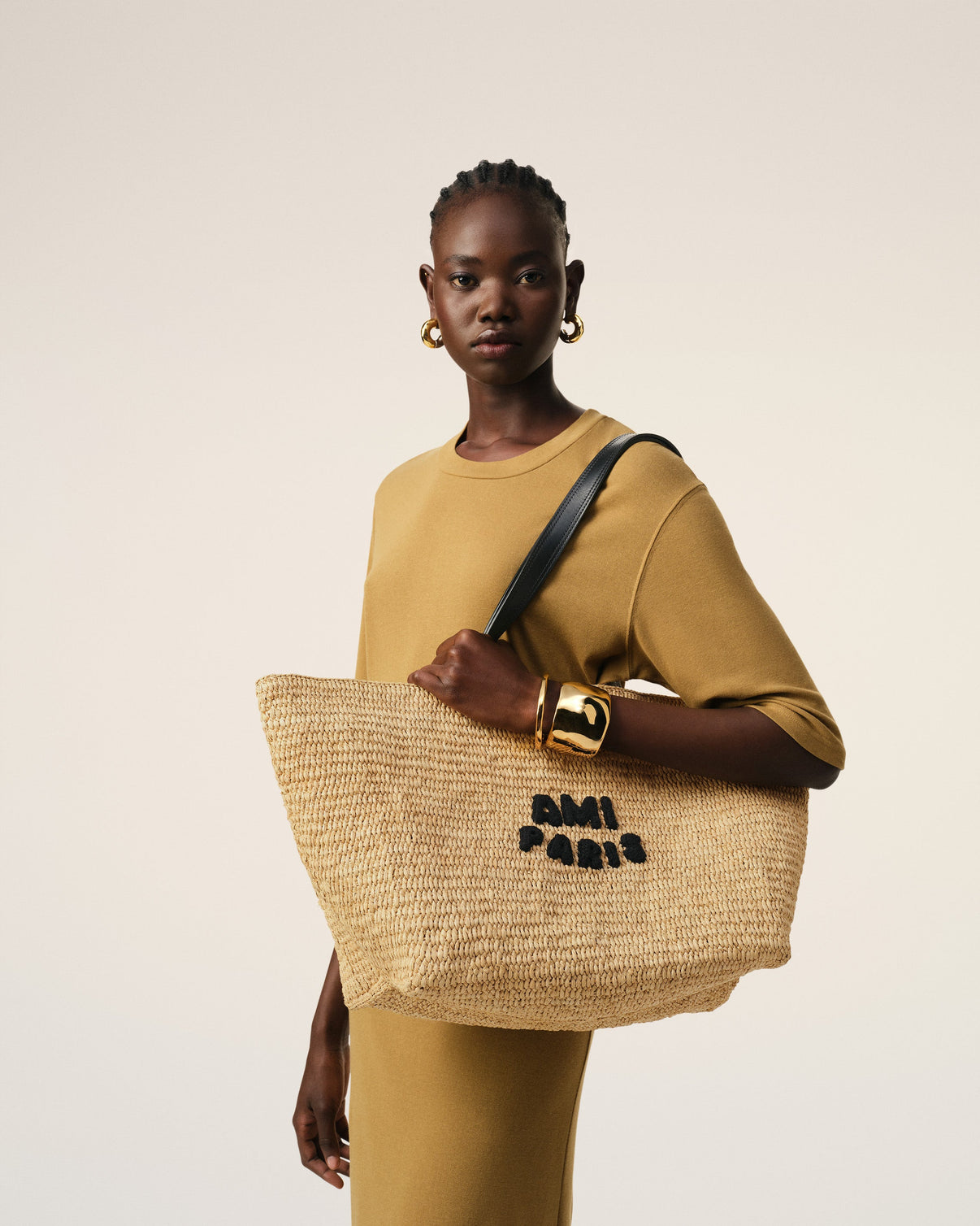 Beige Leather Rafia Tote Bag
