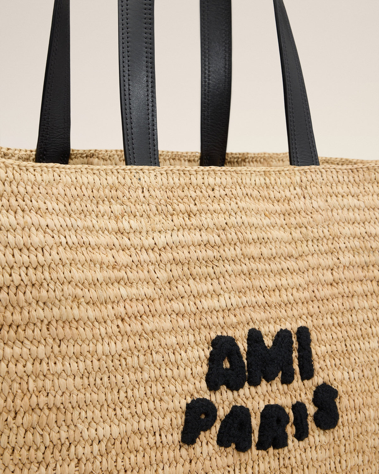 Beige Leather Rafia Tote Bag