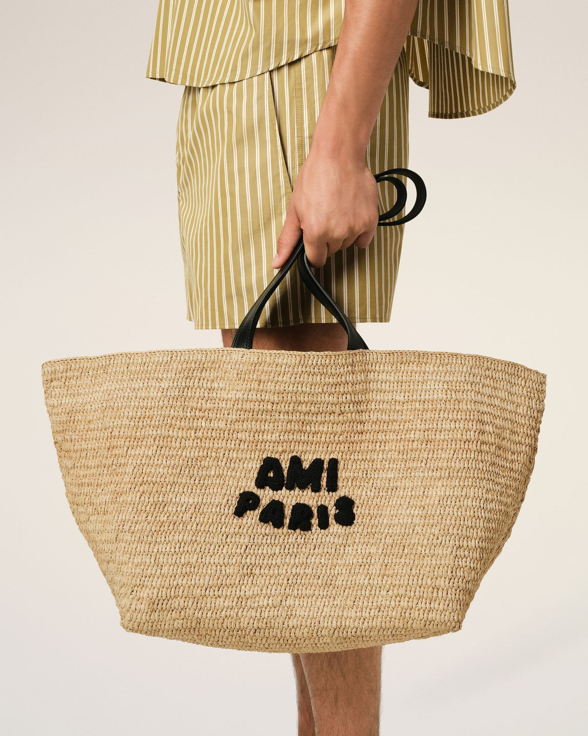 Beige Leather Rafia Tote Bag