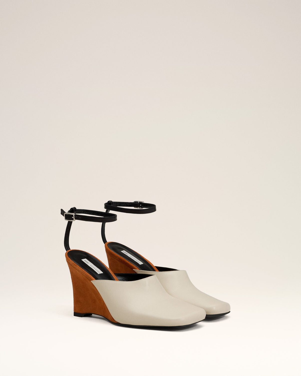 Beige Leather Wedge Mules