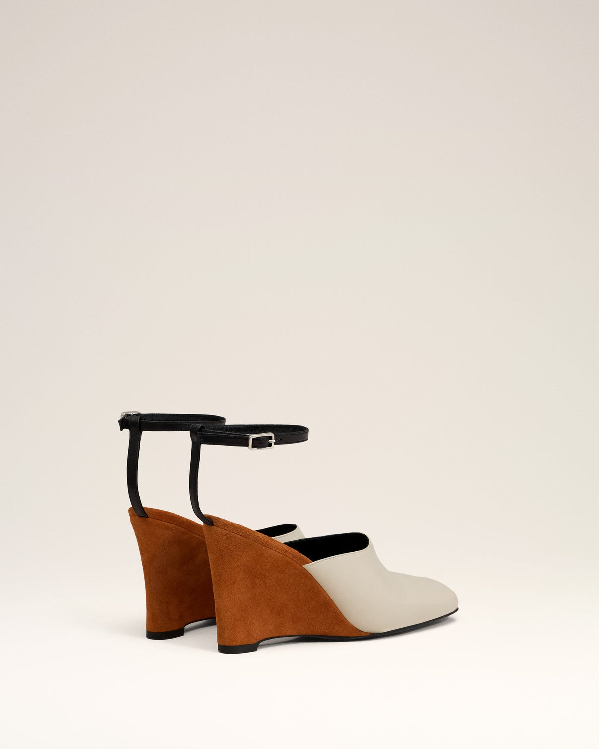 Beige Leather Wedge Mules