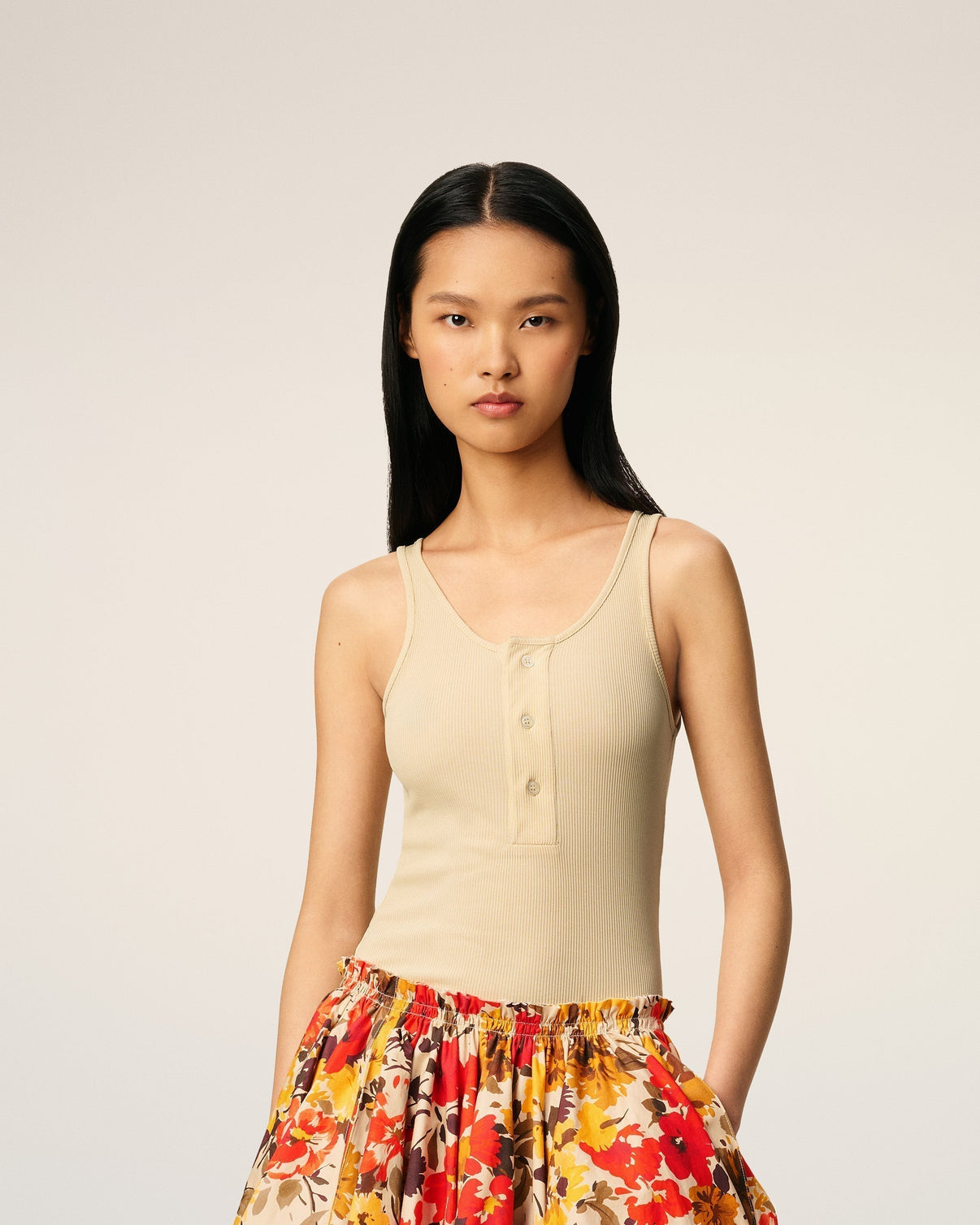 Beige Light Ribbed Jersey Tanktop