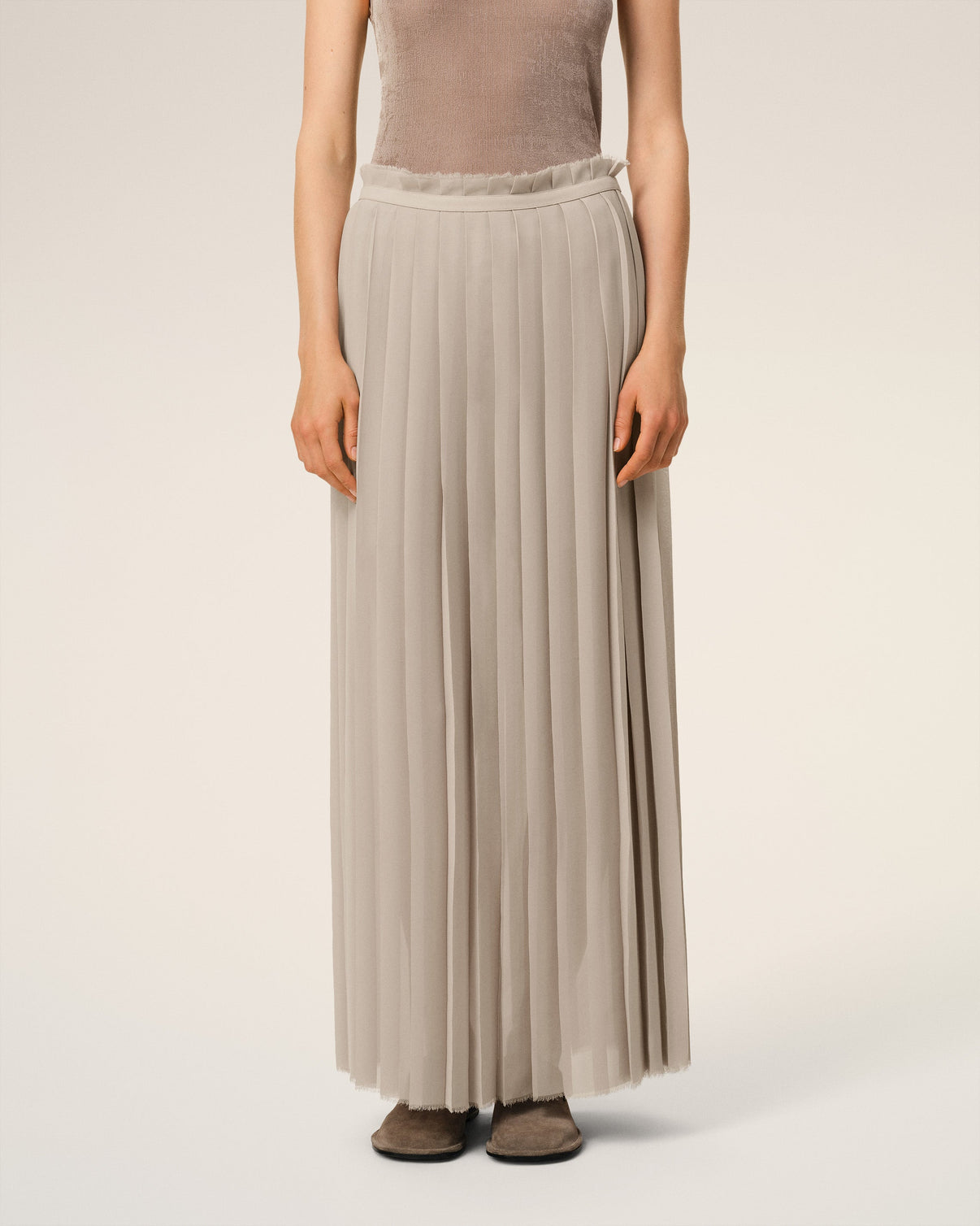 Beige Long Pleated Skirt