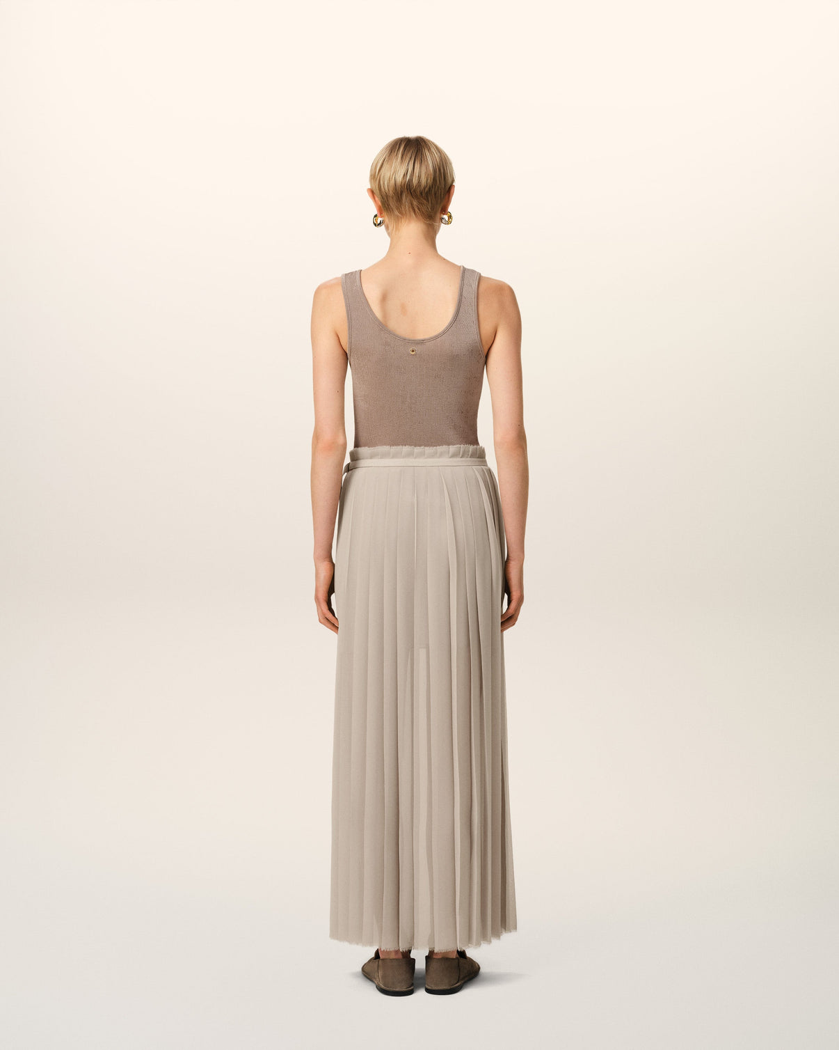 Beige Long Pleated Skirt