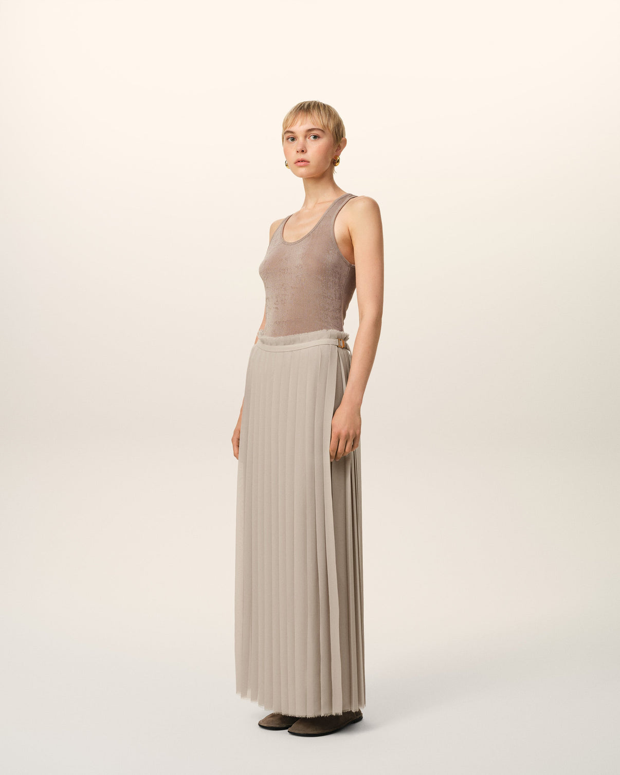 Beige Long Pleated Skirt
