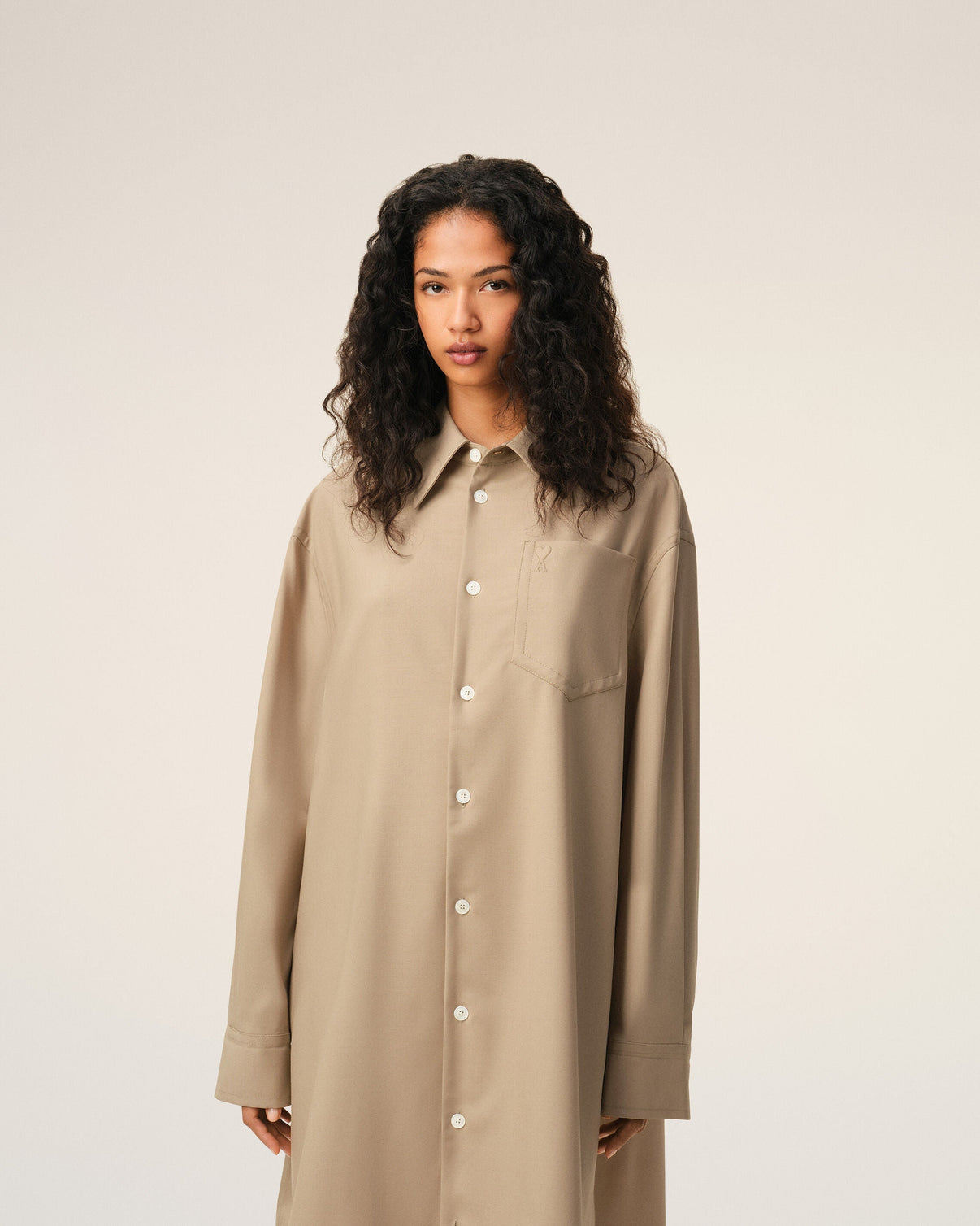 Beige New Wool Wide Shirt Dress