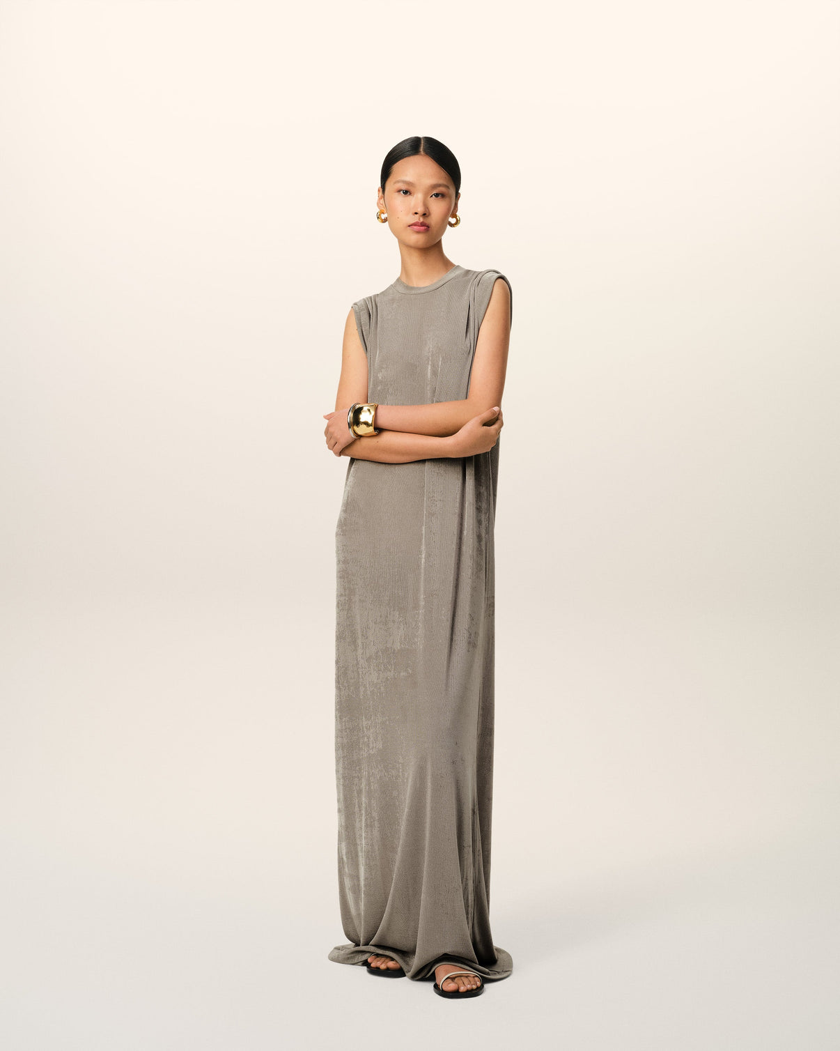 Beige Rib Jersey Short Sleeve Long Dress