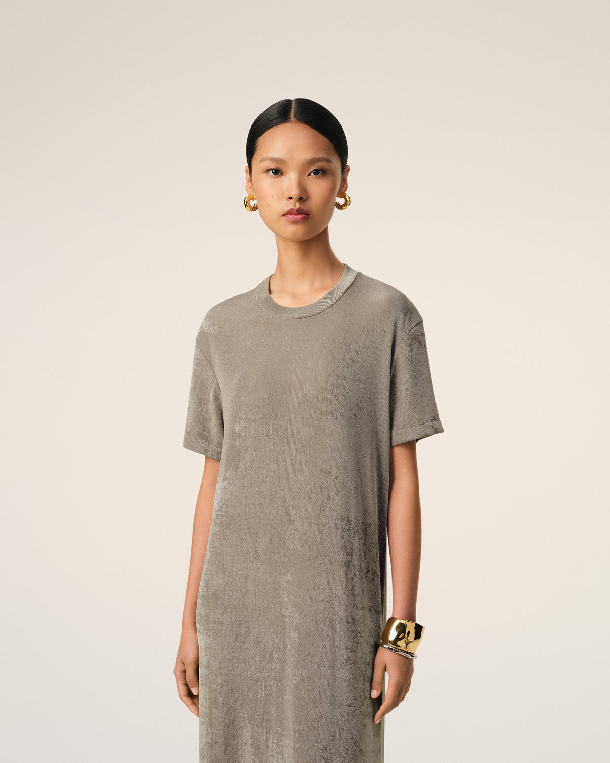 Beige Rib Jersey Short Sleeve Long Dress