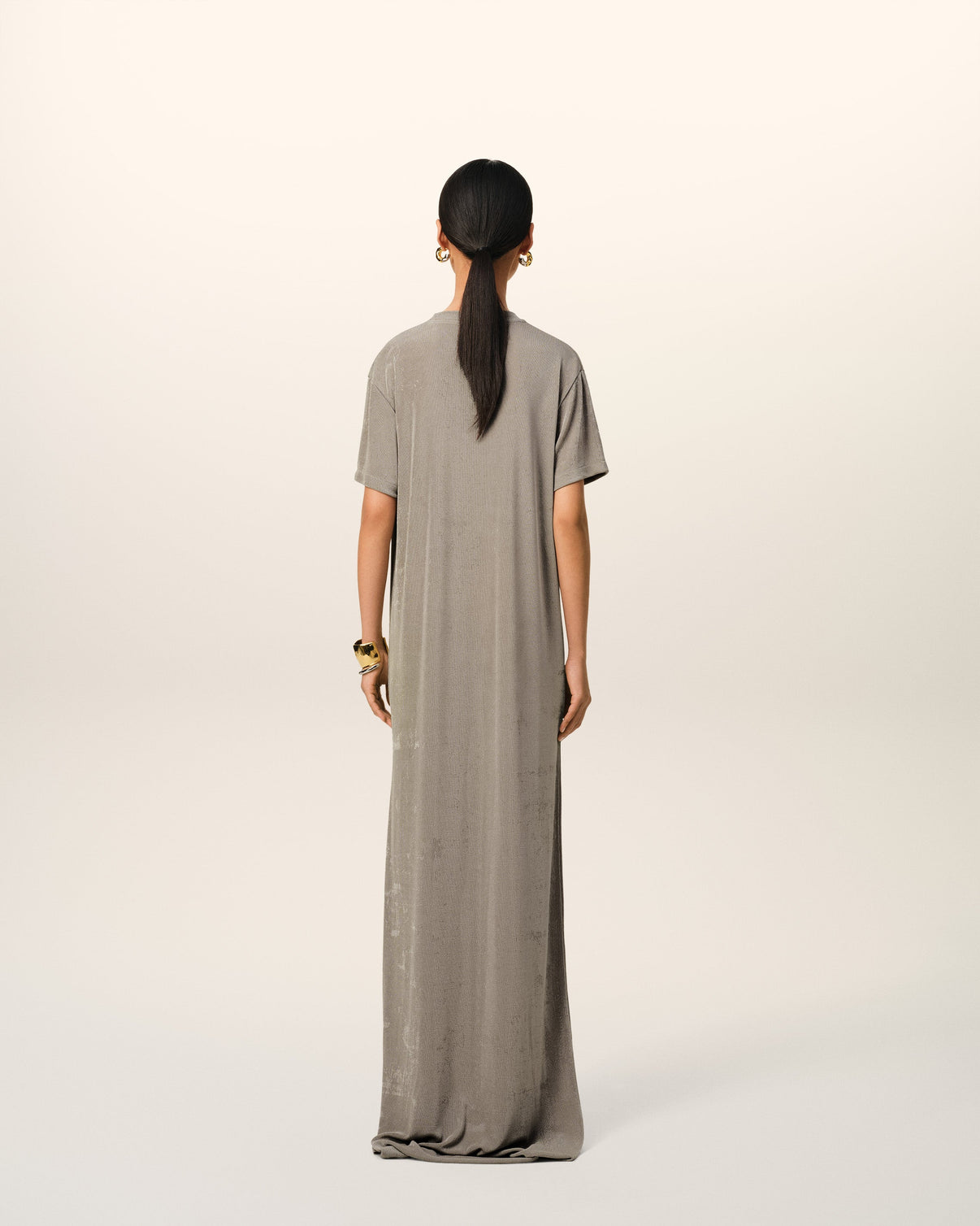 Beige Rib Jersey Short Sleeve Long Dress