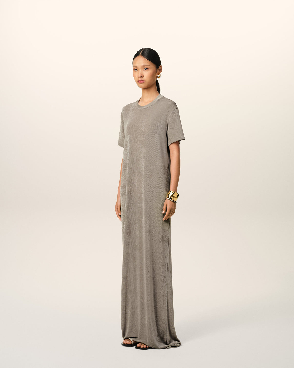 Beige Rib Jersey Short Sleeve Long Dress