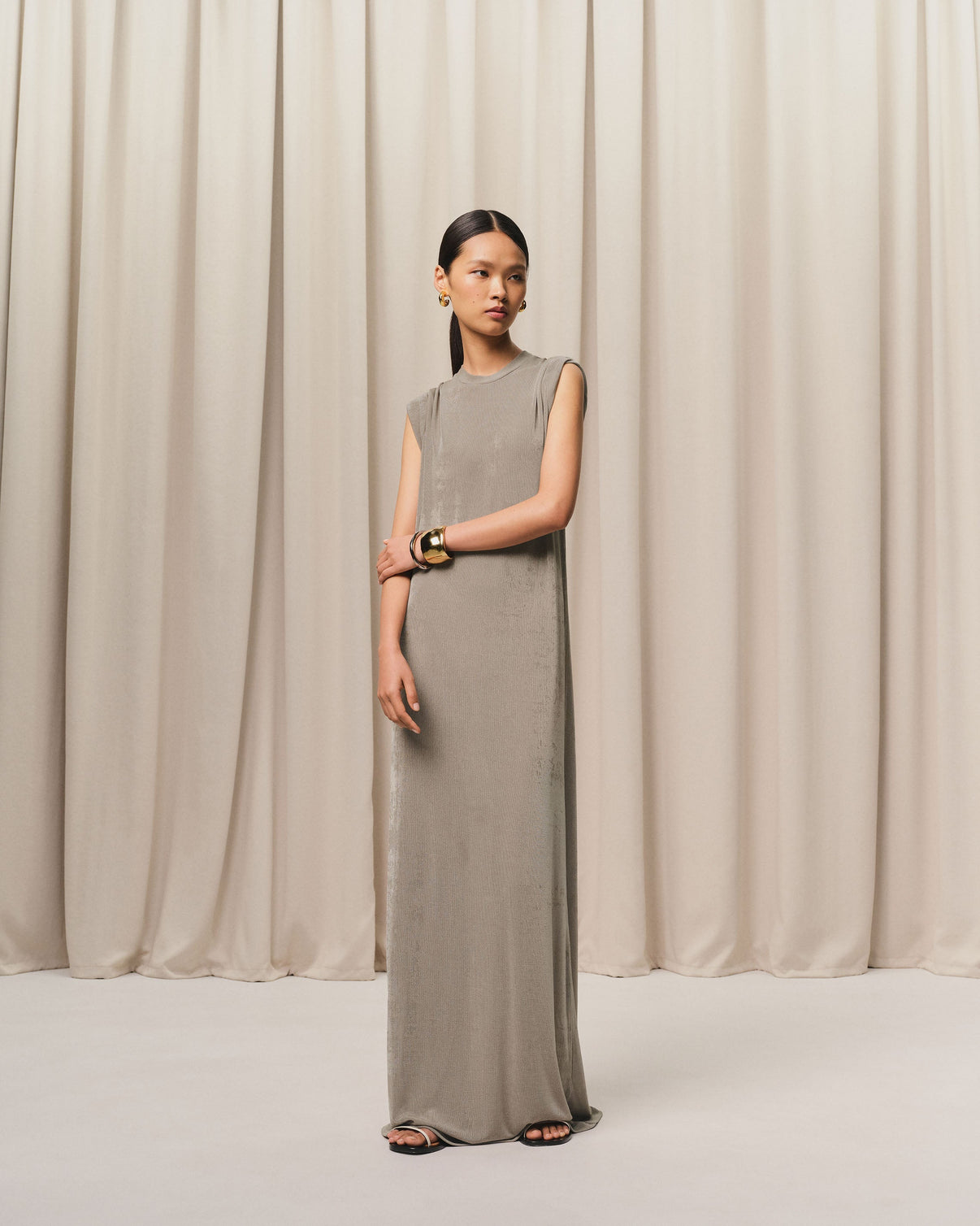 Beige Rib Jersey Short Sleeve Long Dress