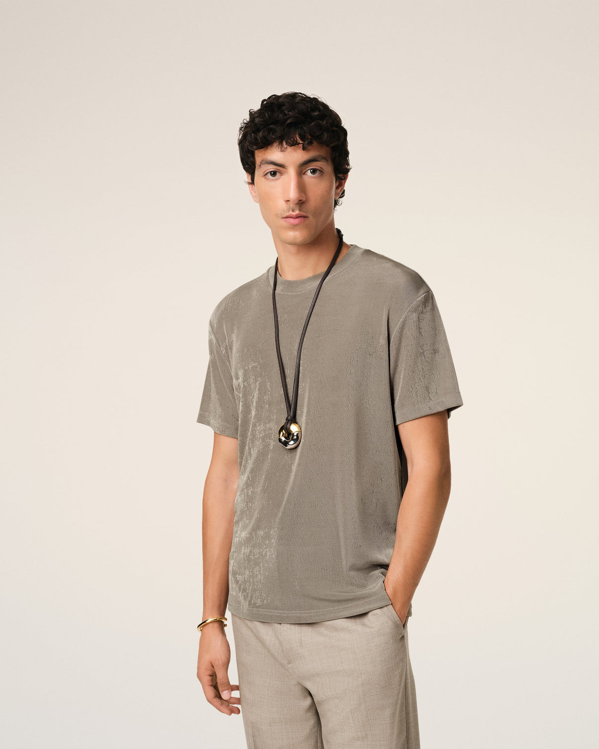 Beige Rib Jersey Short Sleeve T-Shirt