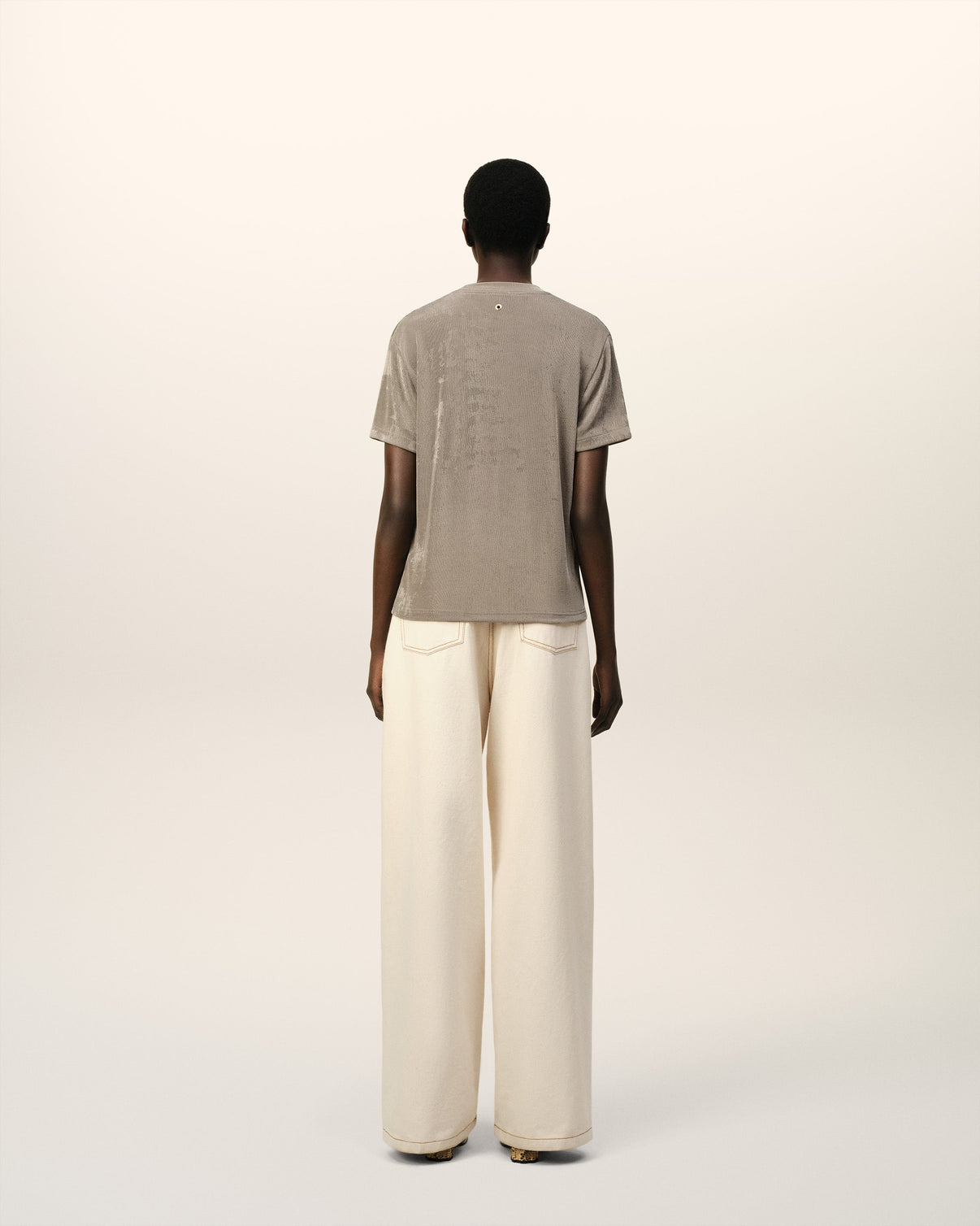 Beige Shiny Jersey Short Sleeve T-Shirt