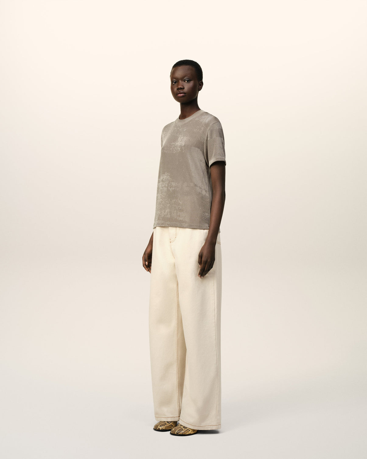 Beige Shiny Jersey Short Sleeve T-Shirt