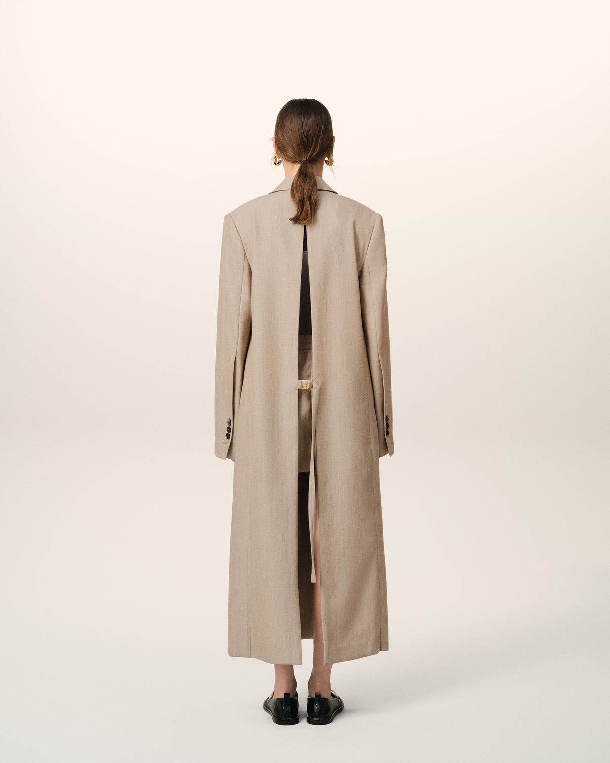 Beige Wool Back Slit Long Coat