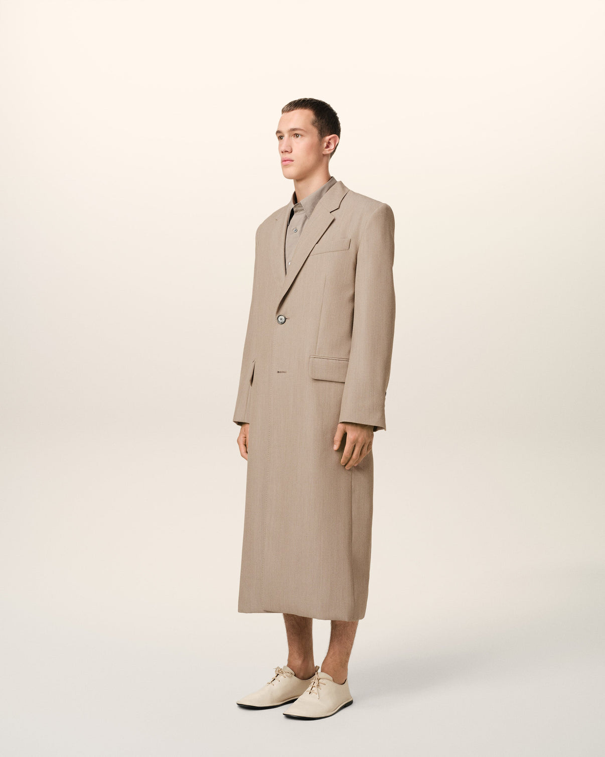 Beige Wool Back Slit Long Coat