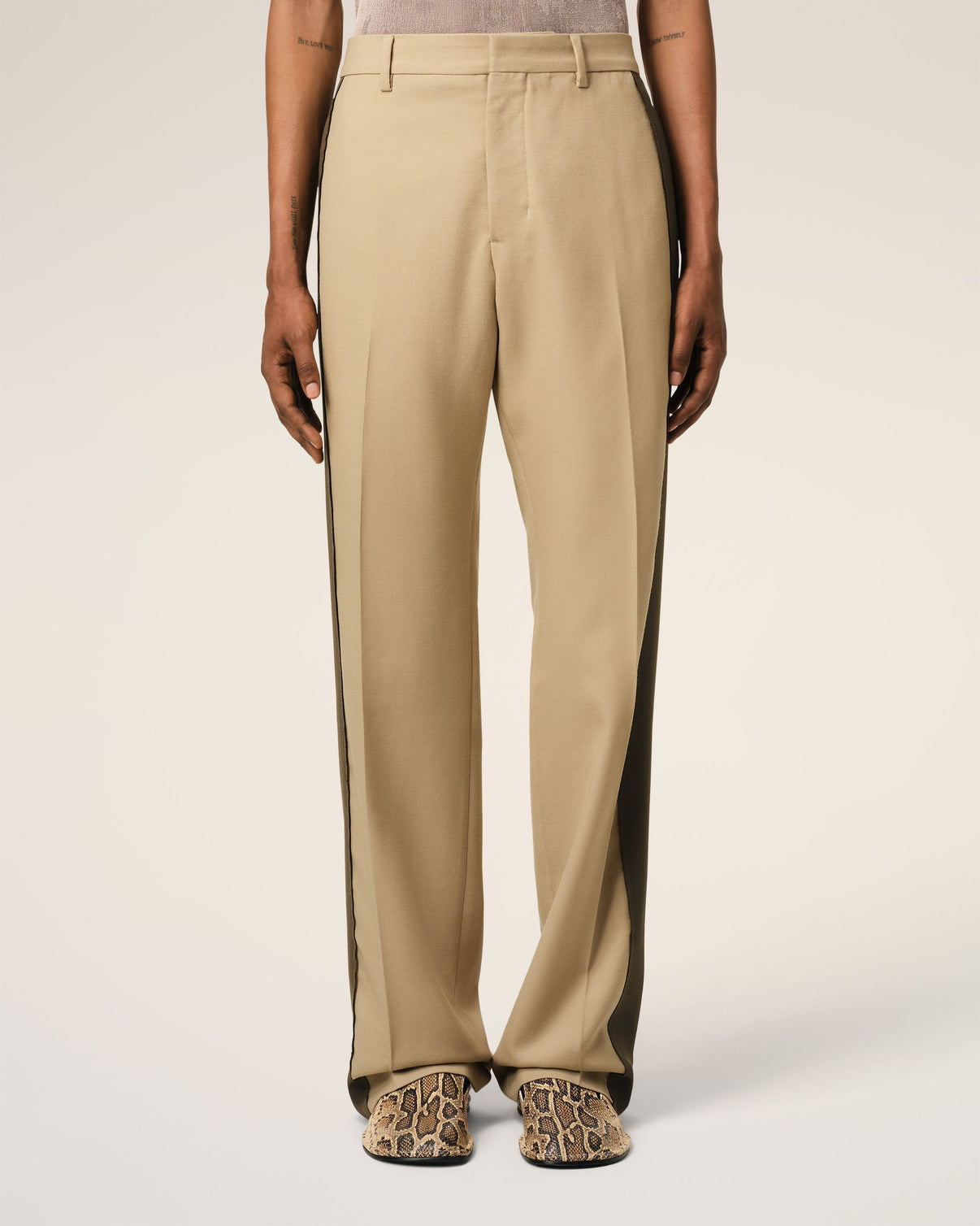 Beige Wool Contrasted Band Straight Trousers