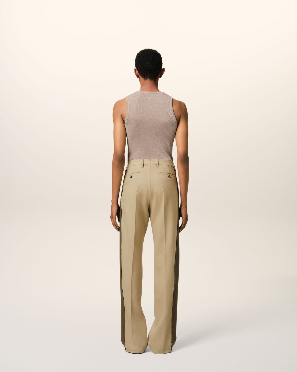 Beige Wool Contrasted Band Straight Trousers