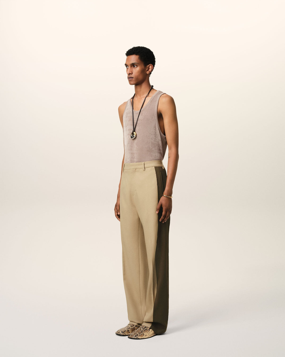 Beige Wool Contrasted Band Straight Trousers