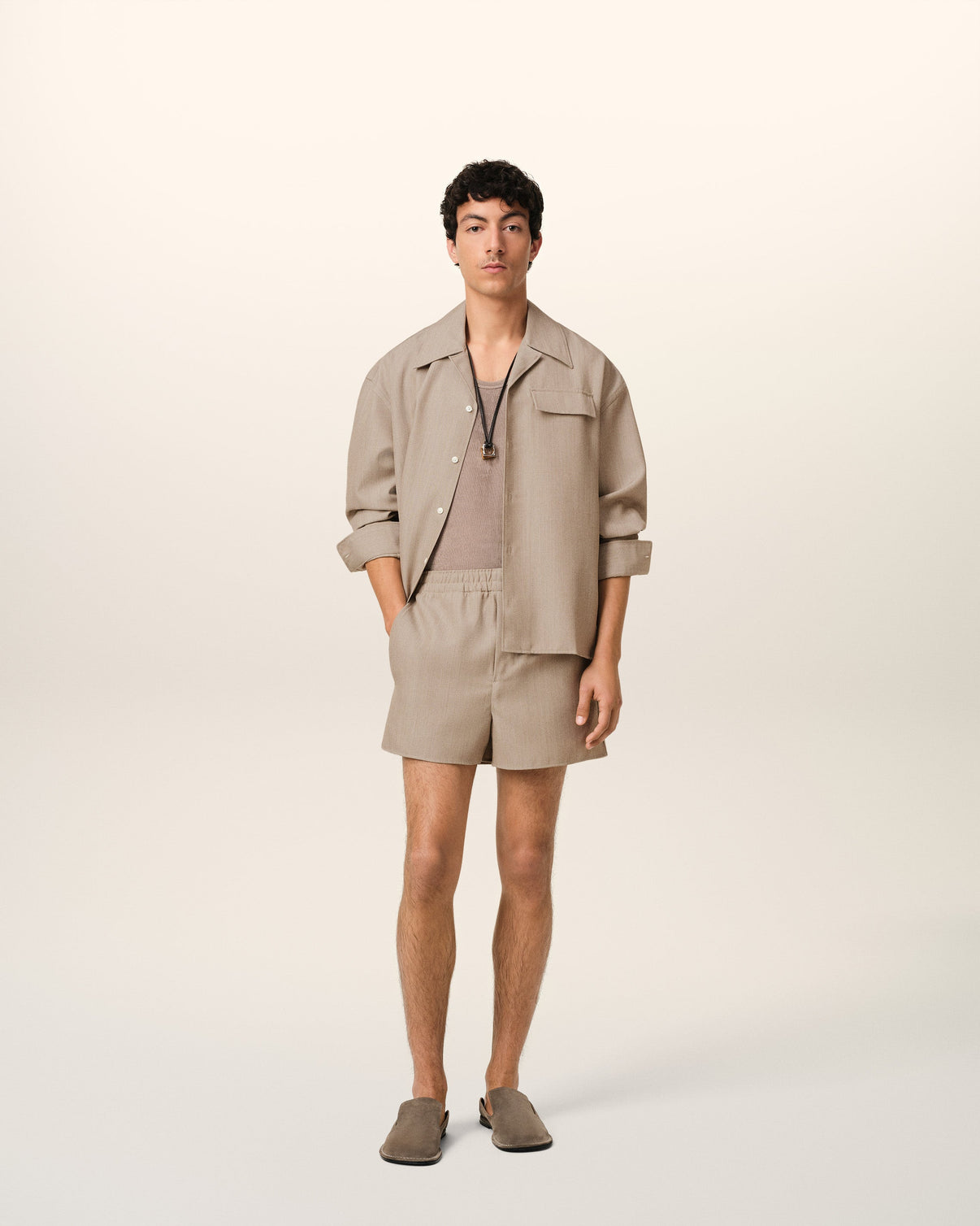 Beige Wool Long Sleeve Camp Collar Overshirt