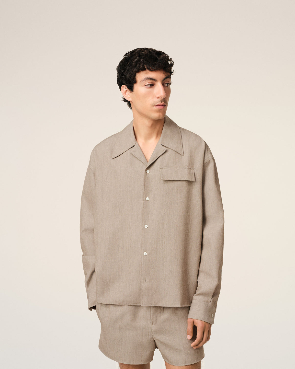 Beige Wool Long Sleeve Camp Collar Overshirt