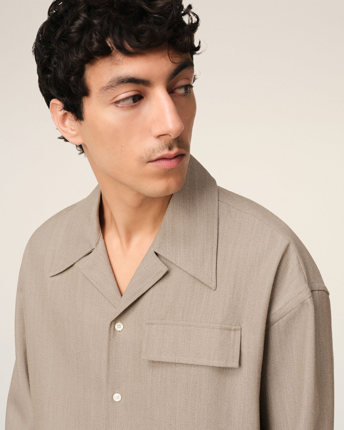 Beige Wool Long Sleeve Camp Collar Overshirt