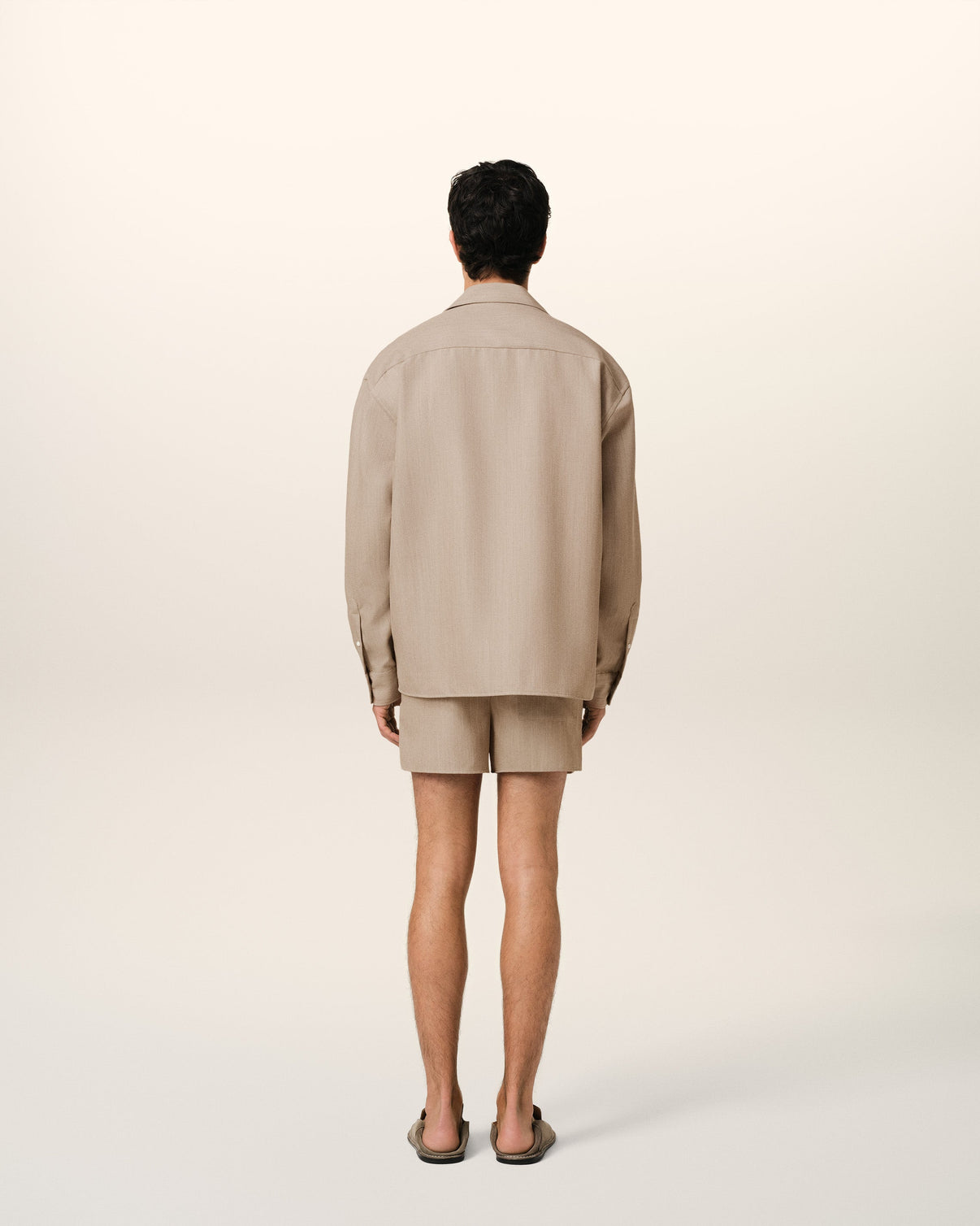 Beige Wool Long Sleeve Camp Collar Overshirt
