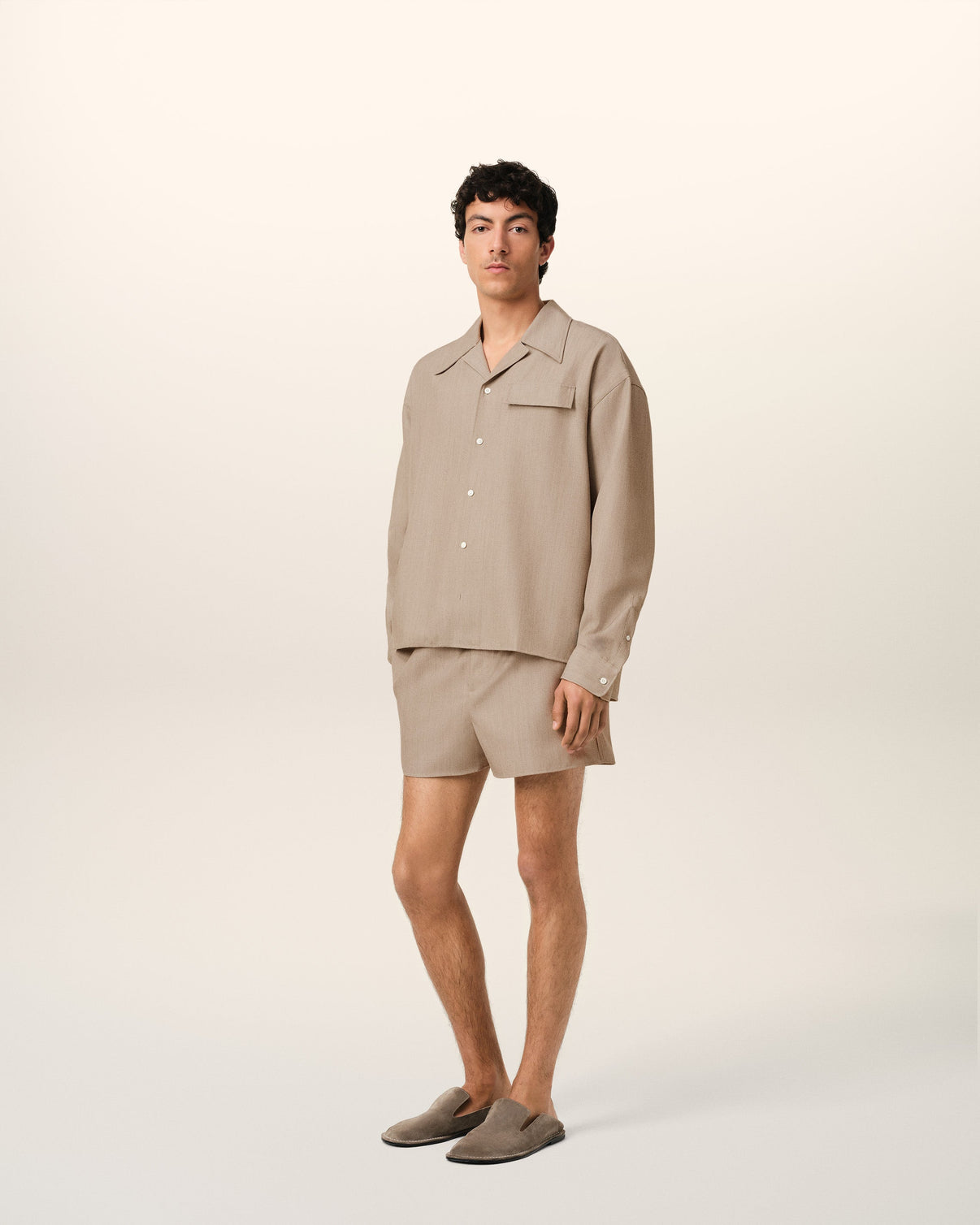 Beige Wool Long Sleeve Camp Collar Overshirt