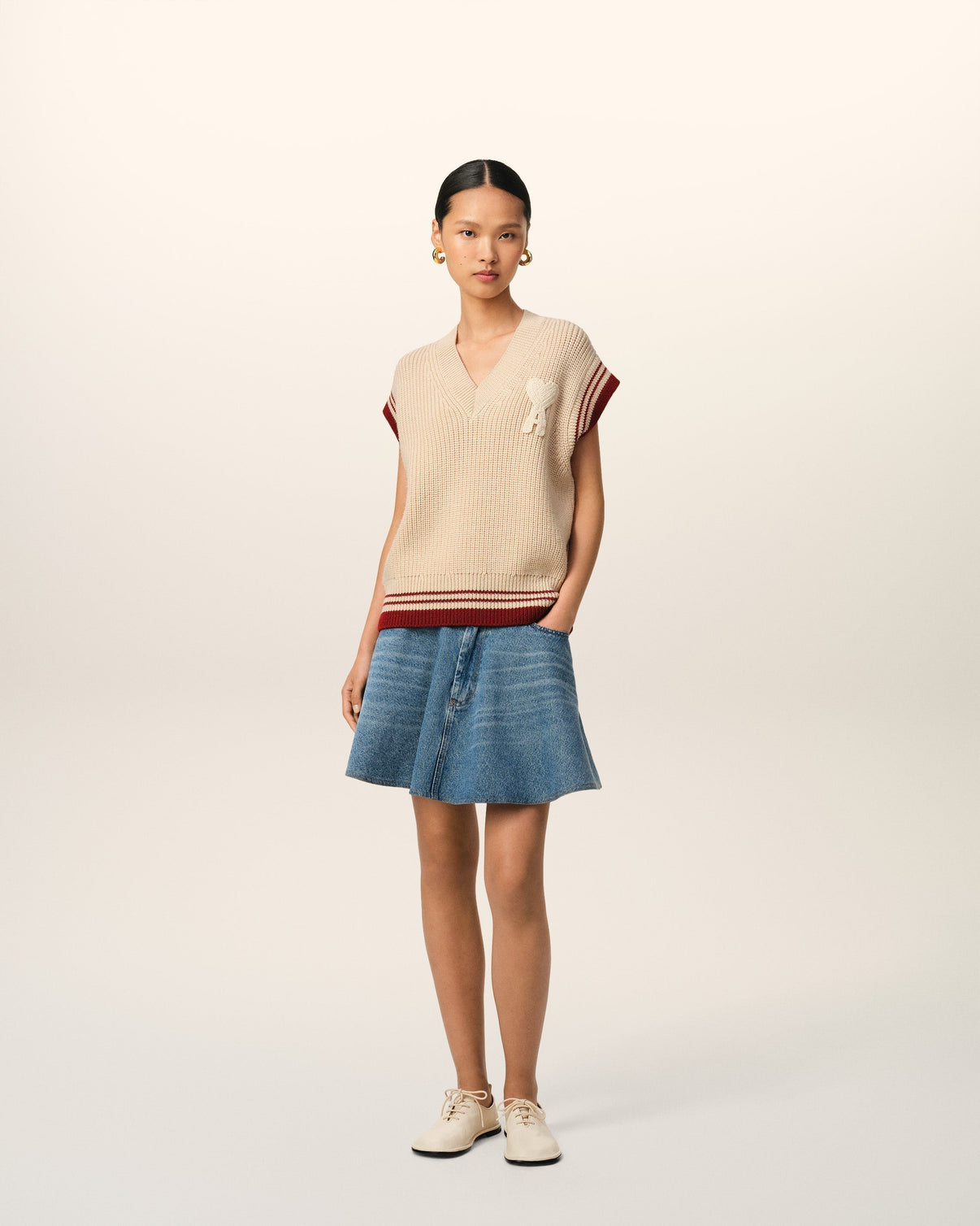Beige Wool Ribbed Sleeveless V Neck Sweater