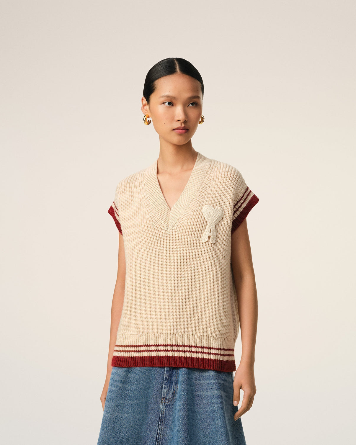 Beige Wool Ribbed Sleeveless V Neck Sweater
