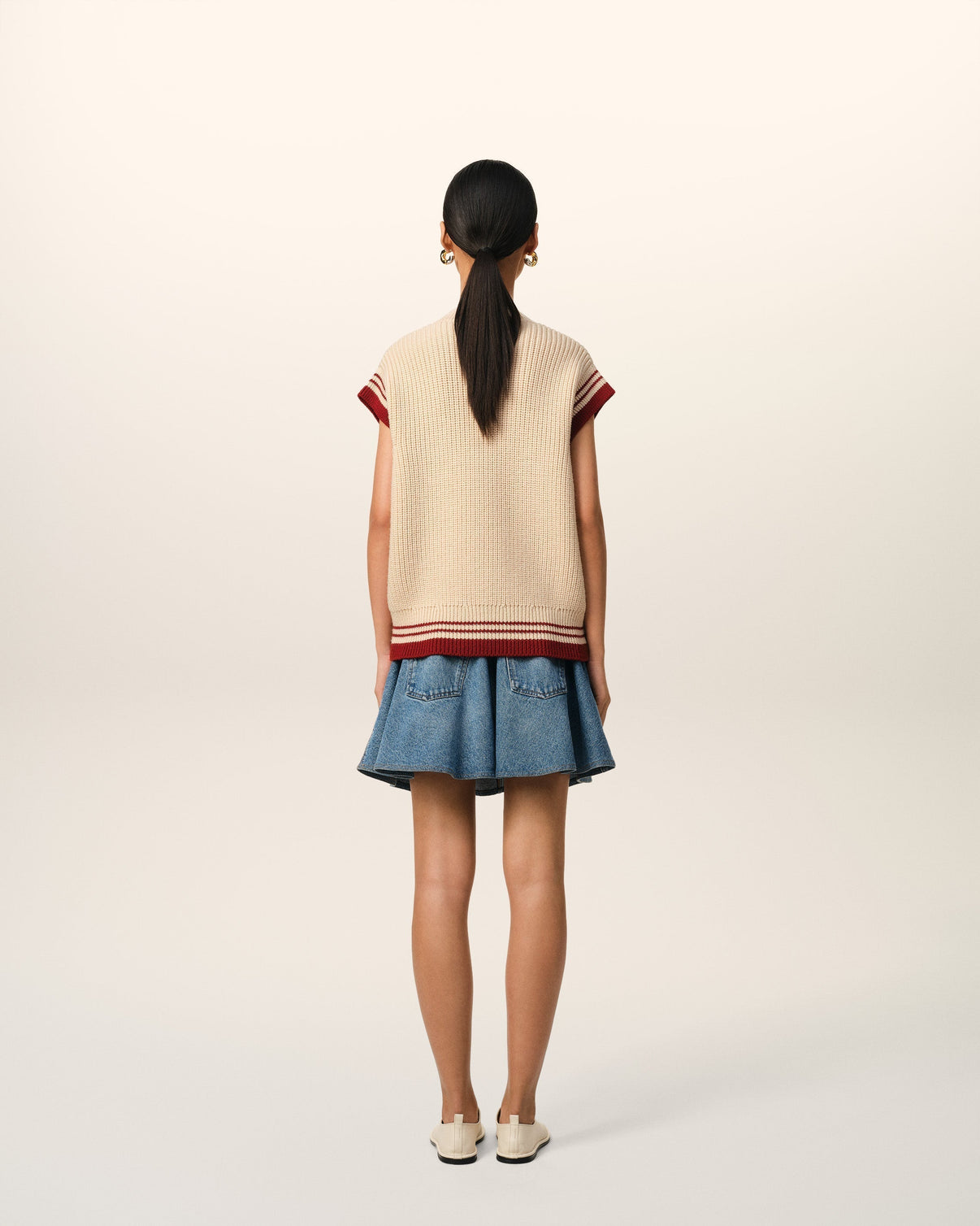 Beige Wool Ribbed Sleeveless V Neck Sweater