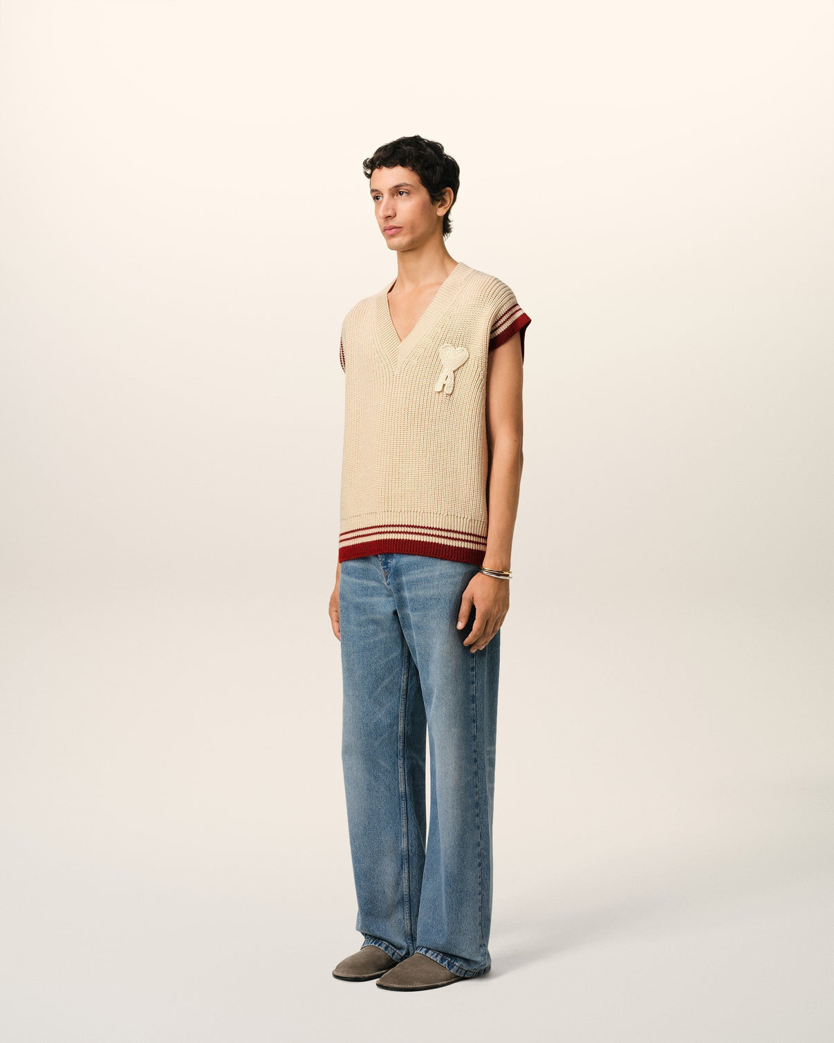 Beige Wool Ribbed Sleeveless V Neck Sweater