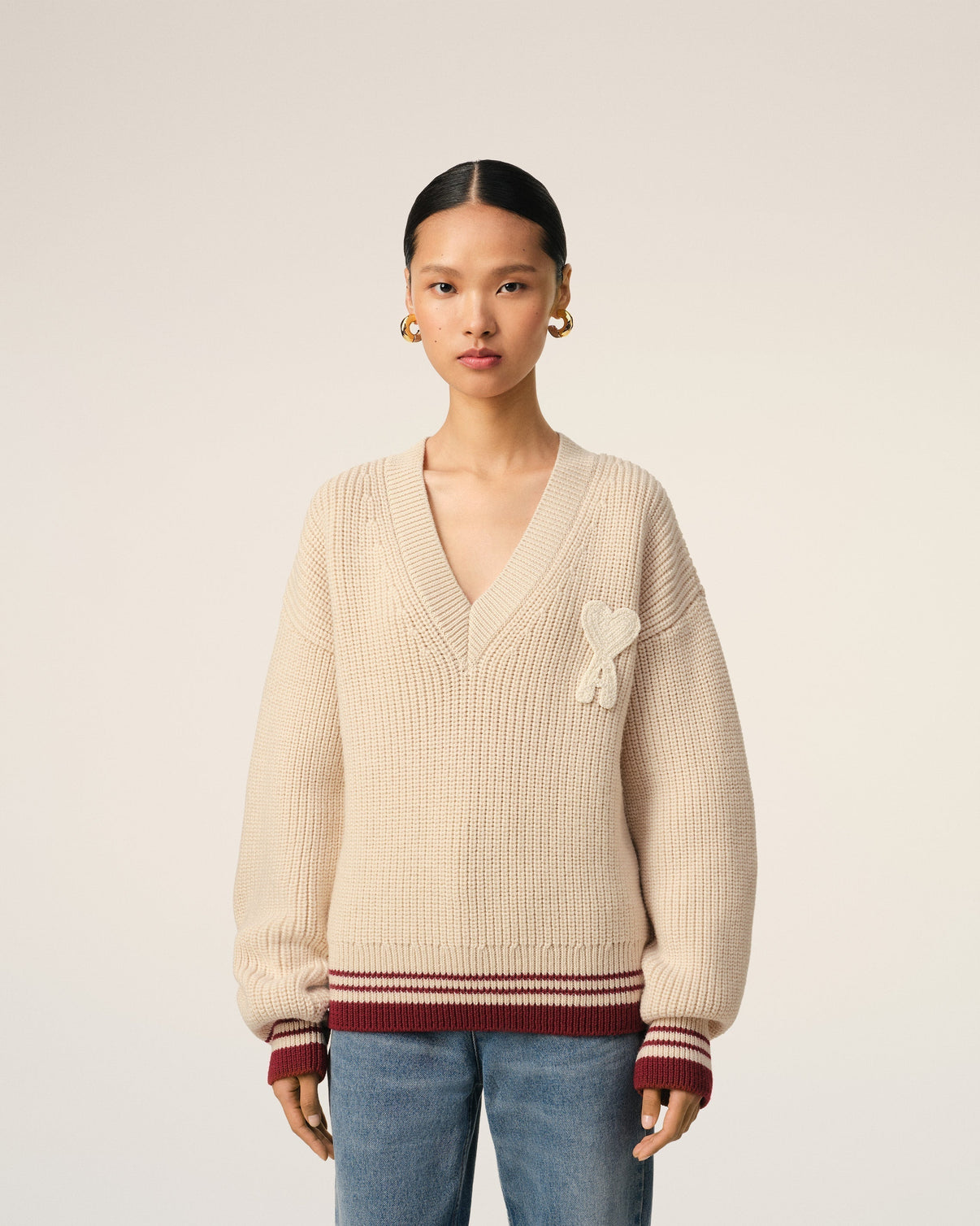 Beige Wool Ribbed V Neck Sweater