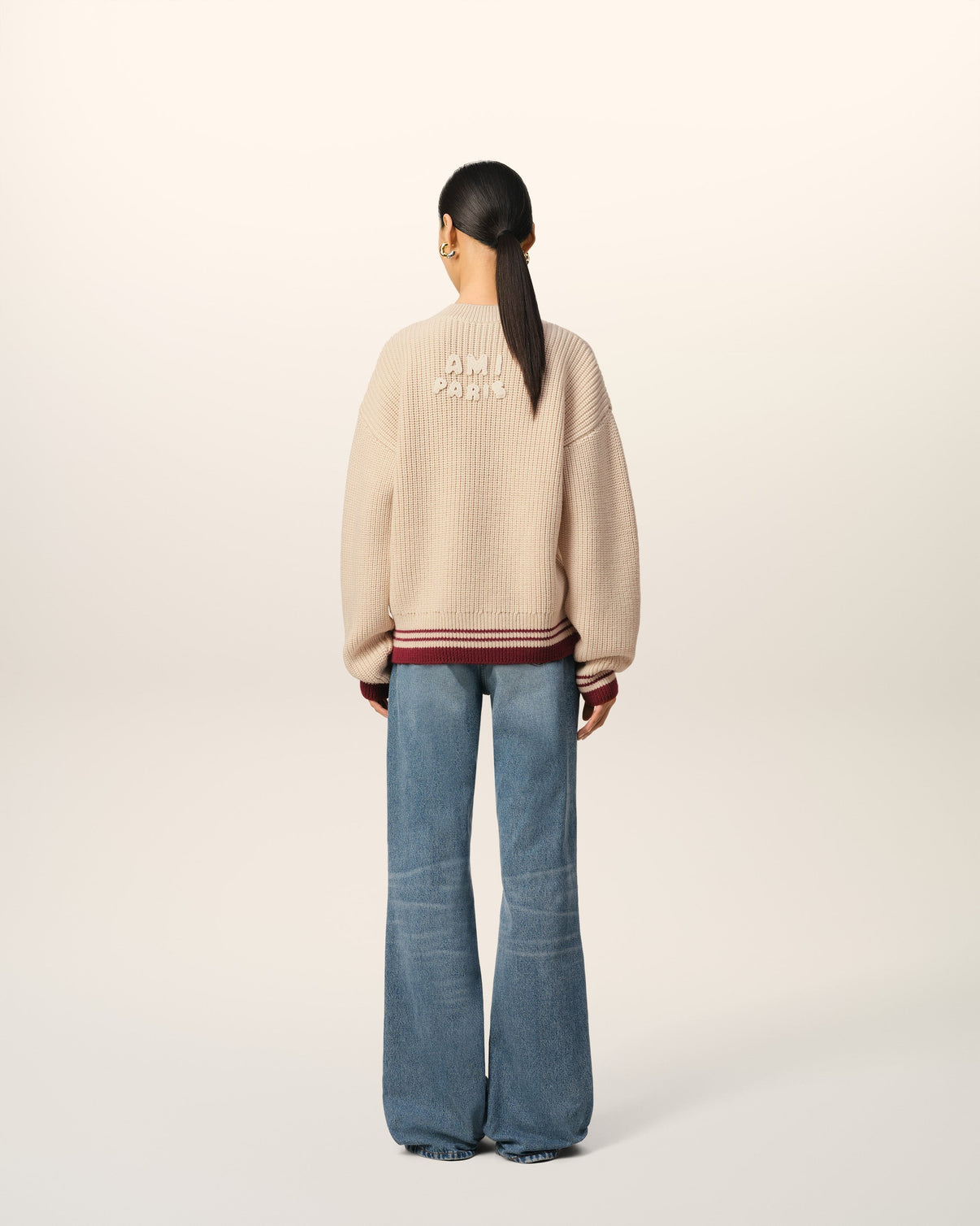 Beige Wool Ribbed V Neck Sweater