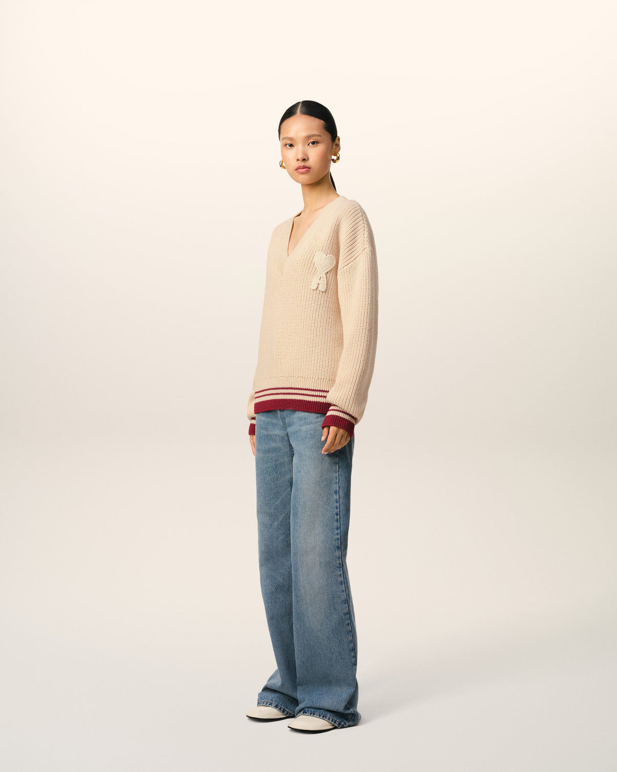 Beige Wool Ribbed V Neck Sweater