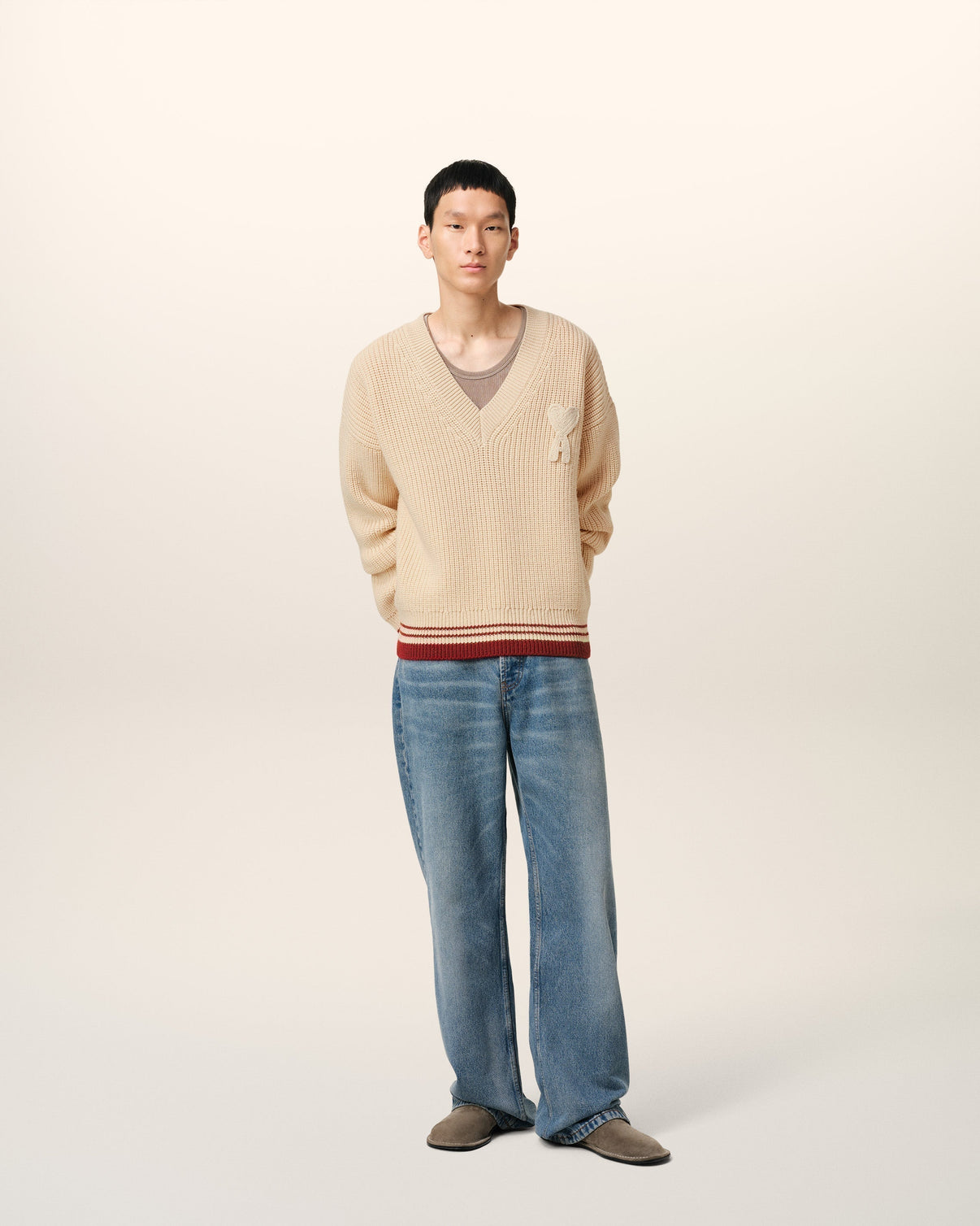 Beige Wool Ribbed V Neck Sweater