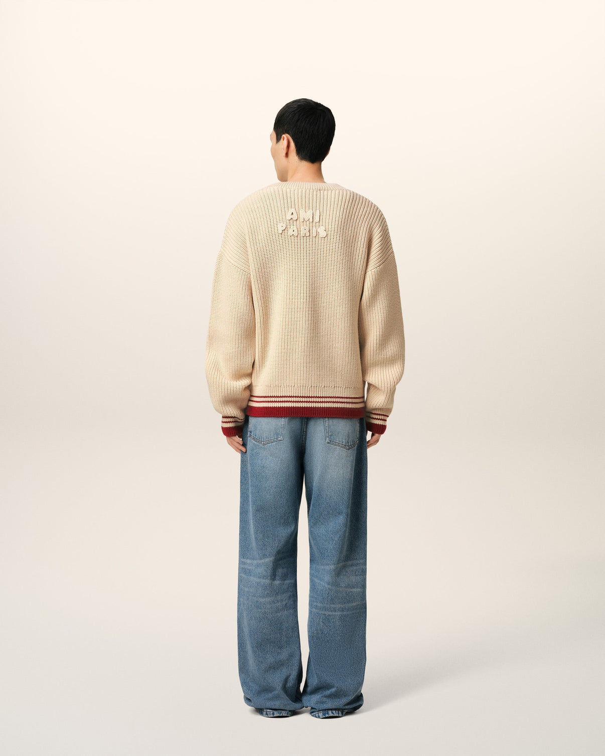 Beige Wool Ribbed V Neck Sweater