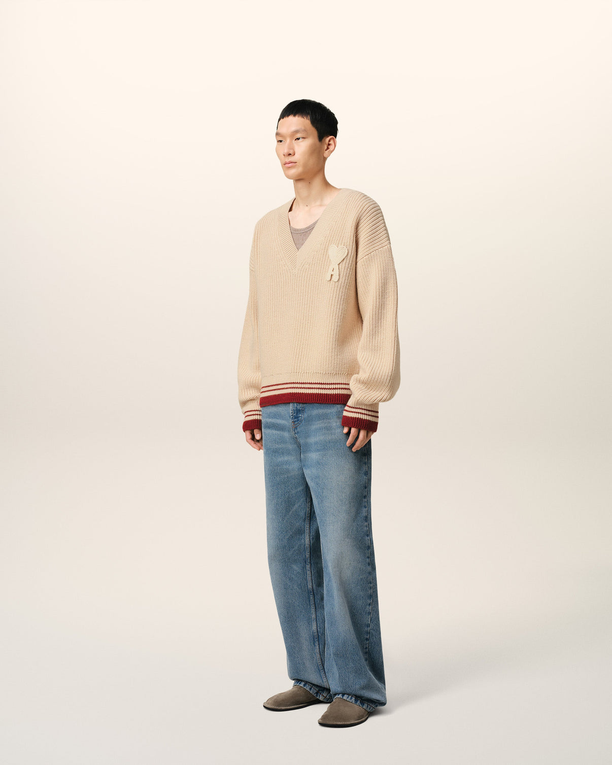 Beige Wool Ribbed V Neck Sweater
