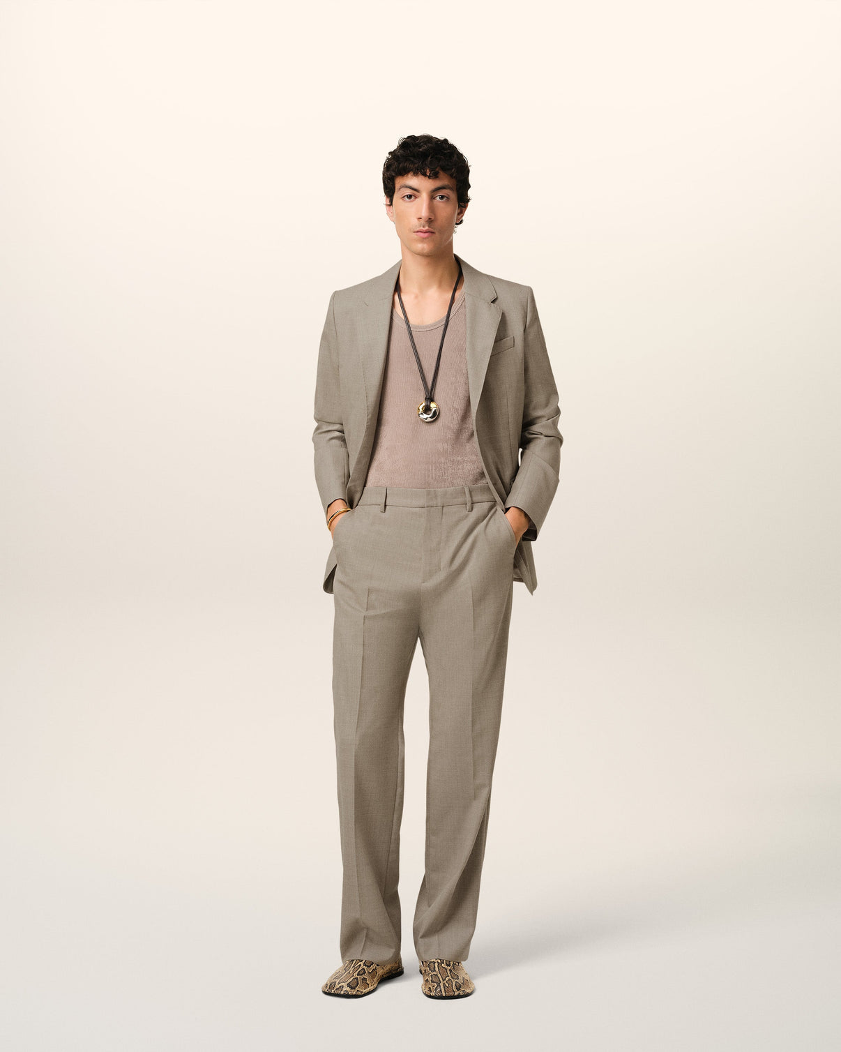 Beige Wool Straight Fit Trousers
