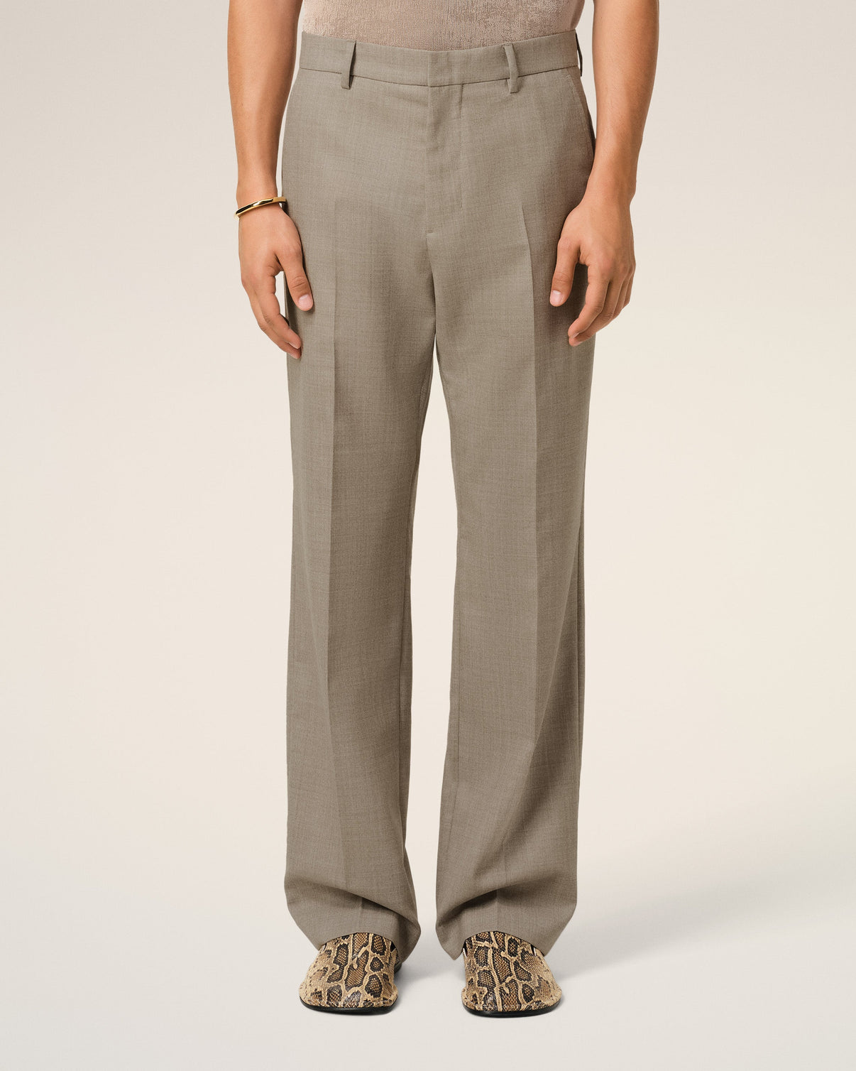 Beige Wool Straight Fit Trousers