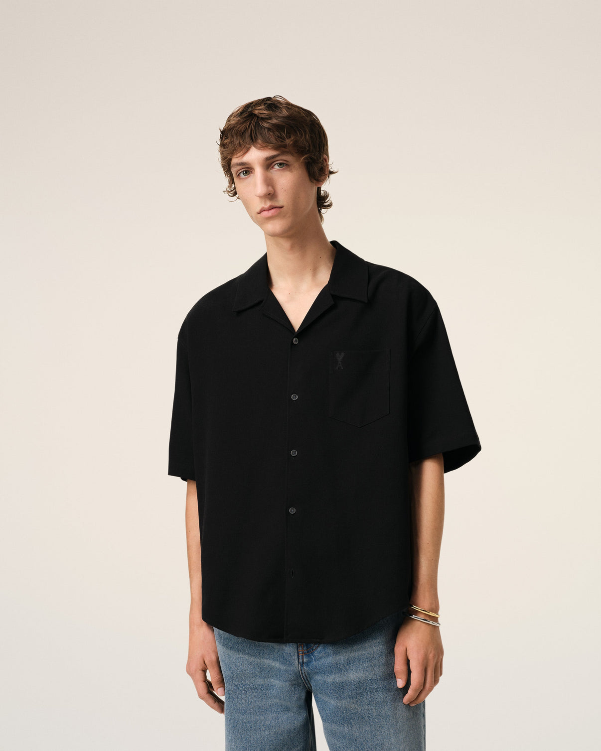 Black Cotton Camp Collar Short Sleeves Shirt