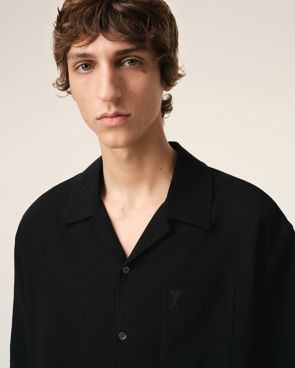 Black Cotton Camp Collar Short Sleeves Shirt