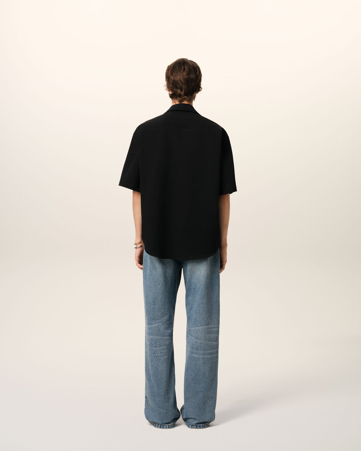 Black Cotton Camp Collar Short Sleeves Shirt