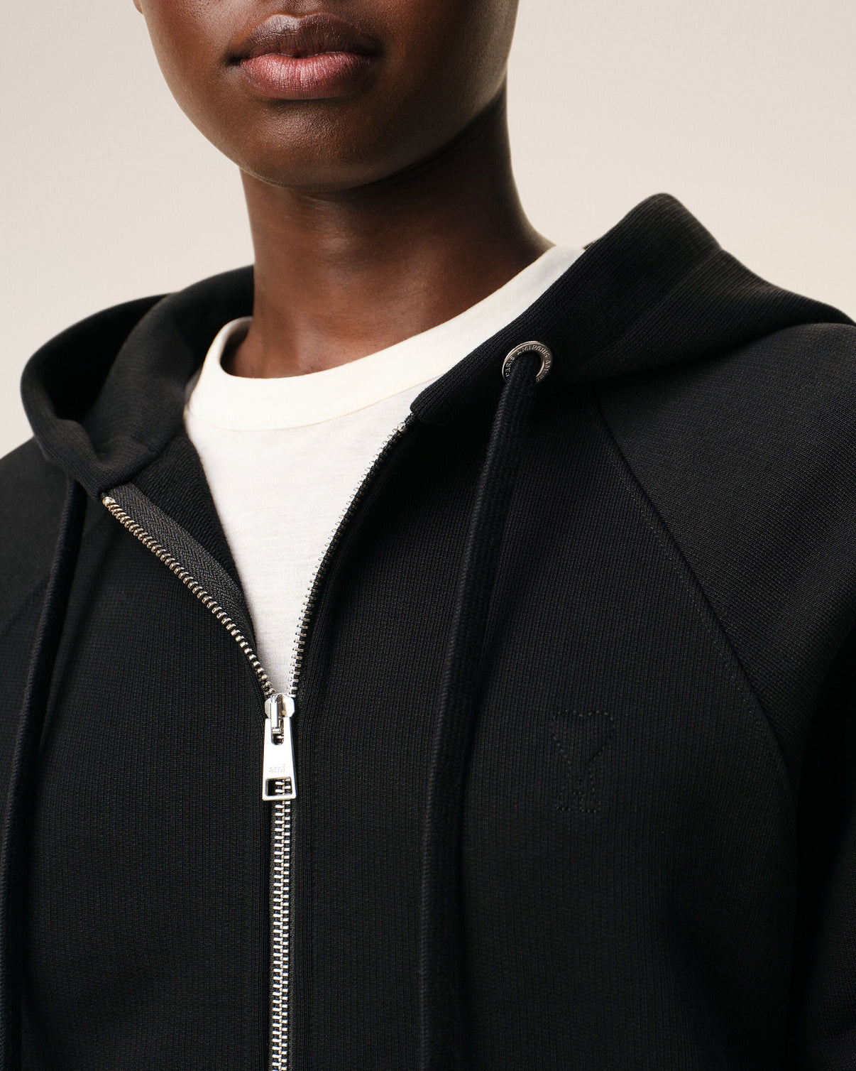 Black Cotton Embossed Zipped Hoodie