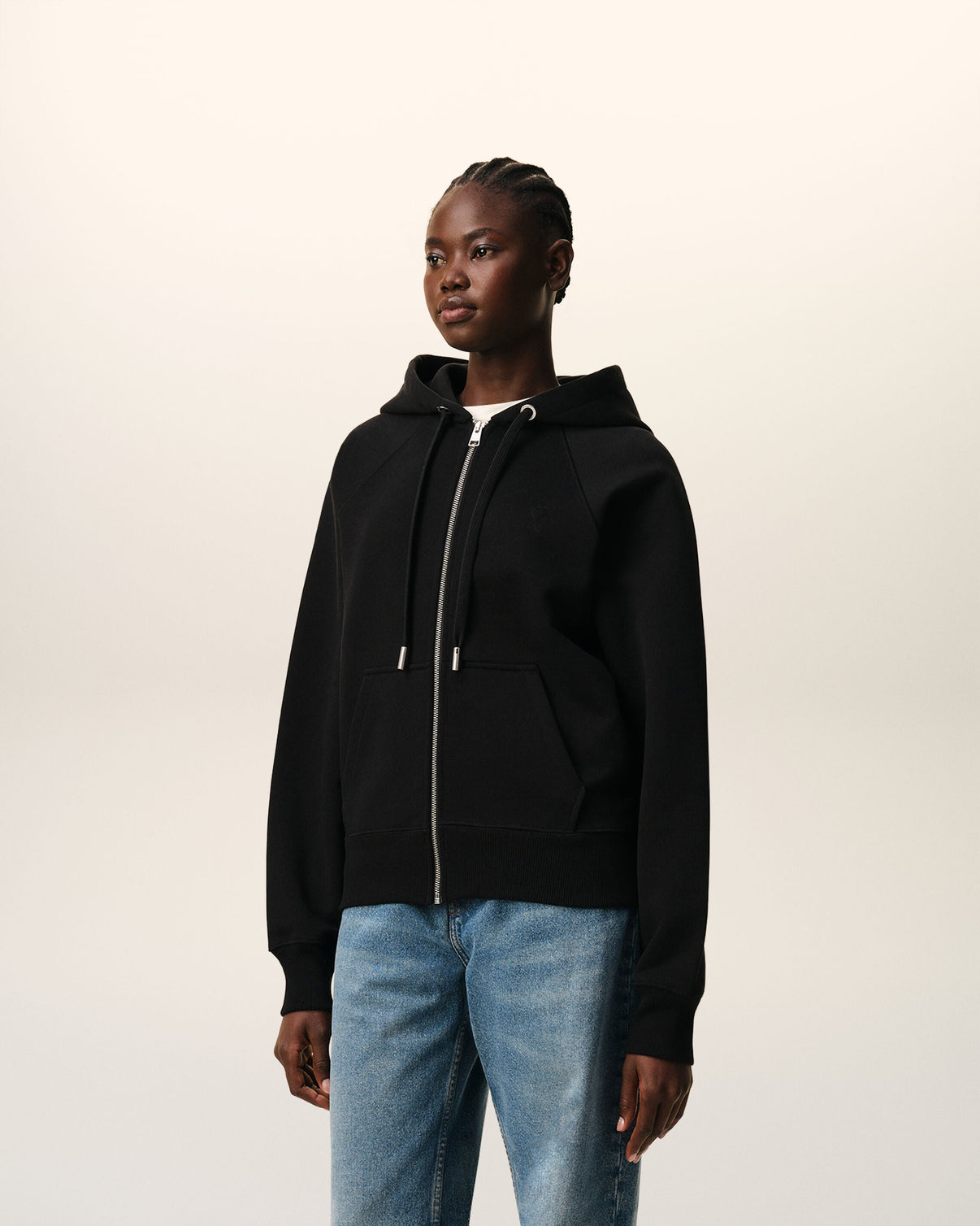 Black Cotton Embossed Zipped Hoodie