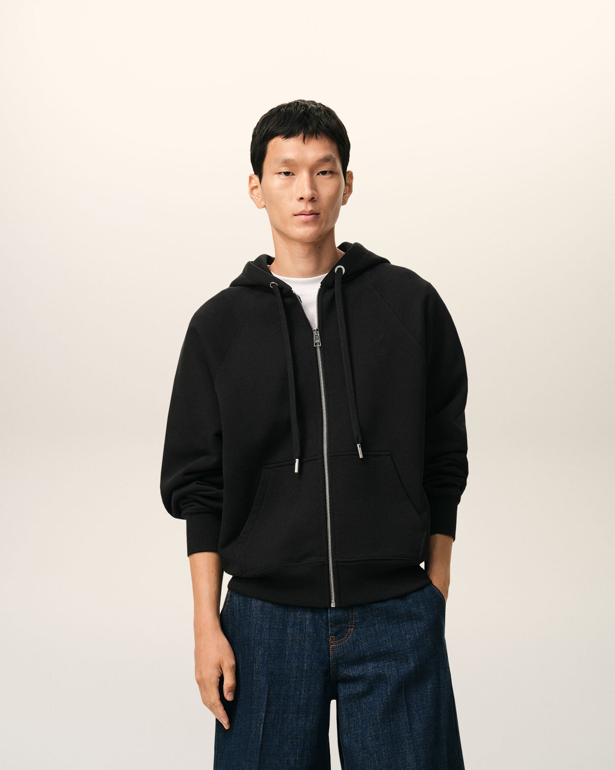 Black Cotton Embossed Zipped Hoodie