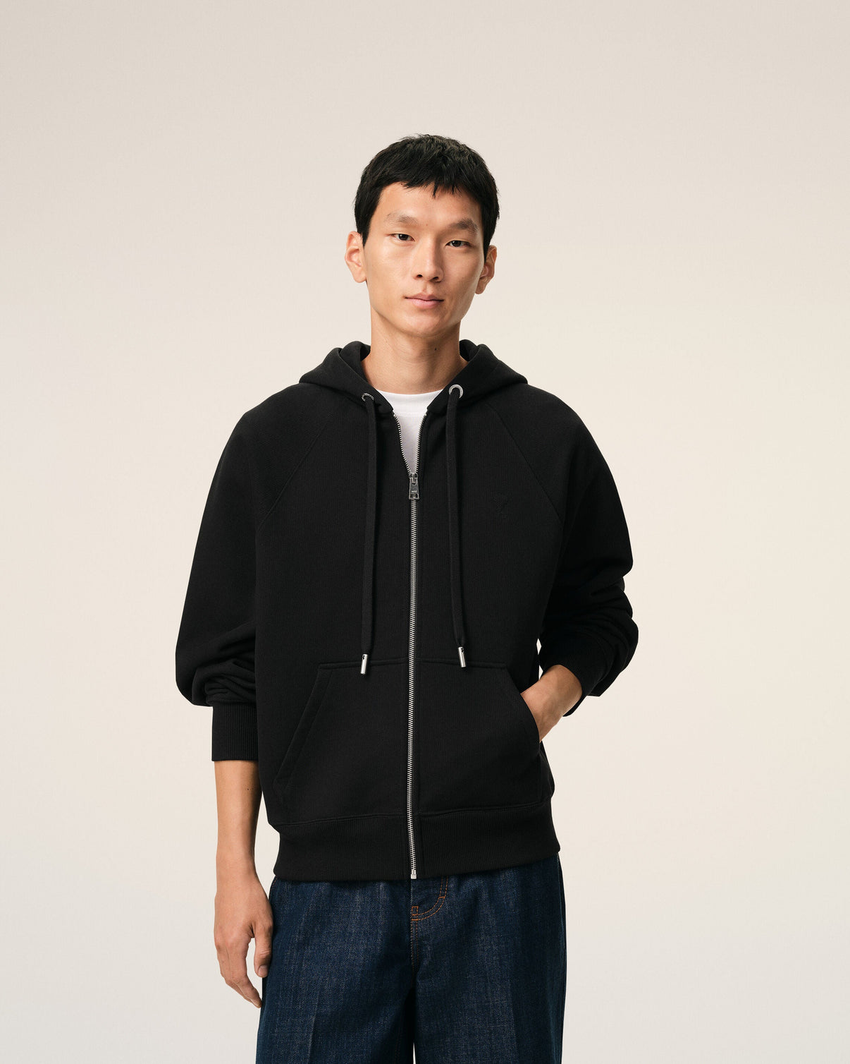 Black Cotton Embossed Zipped Hoodie