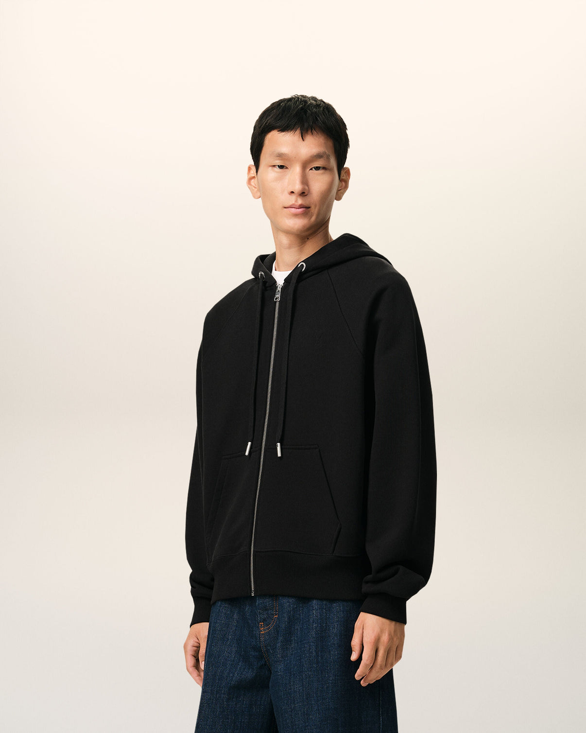 Black Cotton Embossed Zipped Hoodie